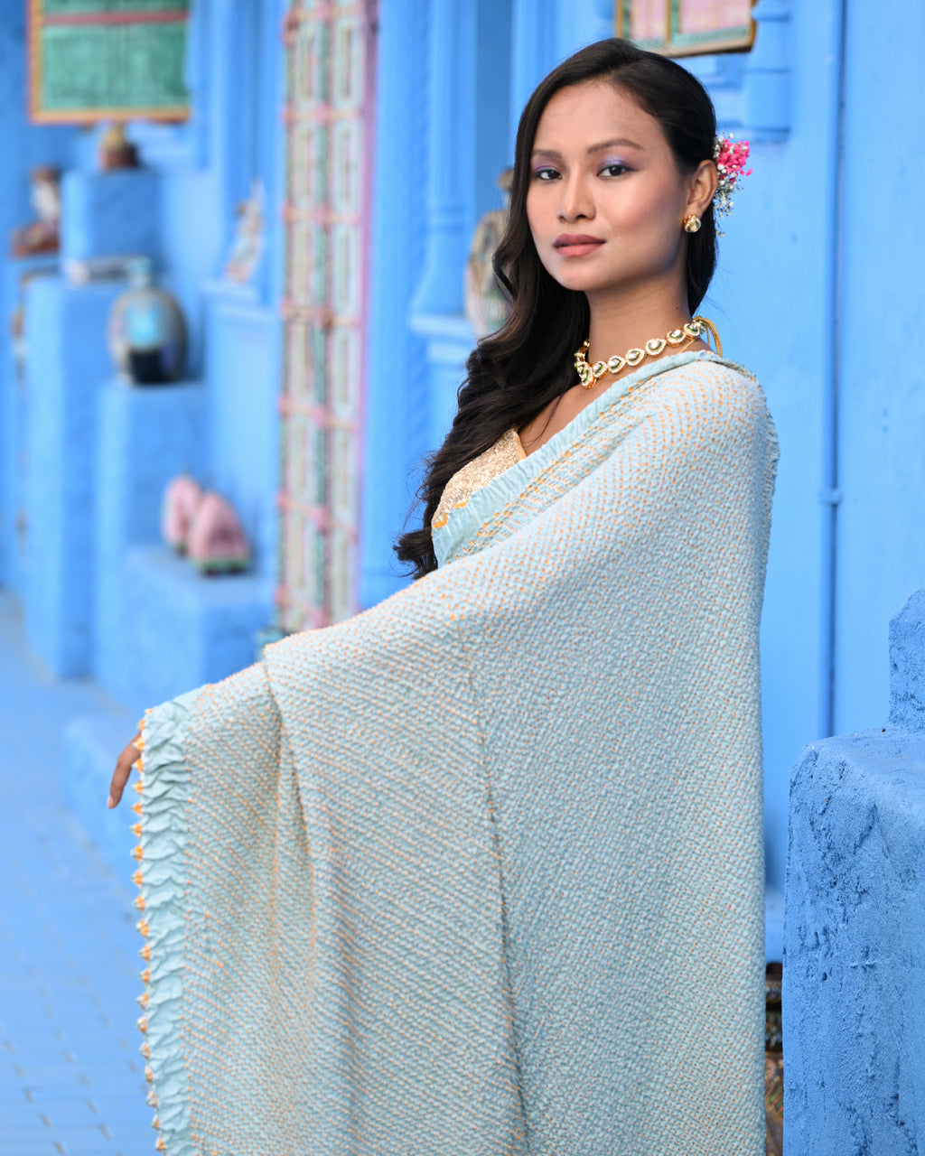 BLUE ETERNAL DOTS BANDHANI SILK SAREE