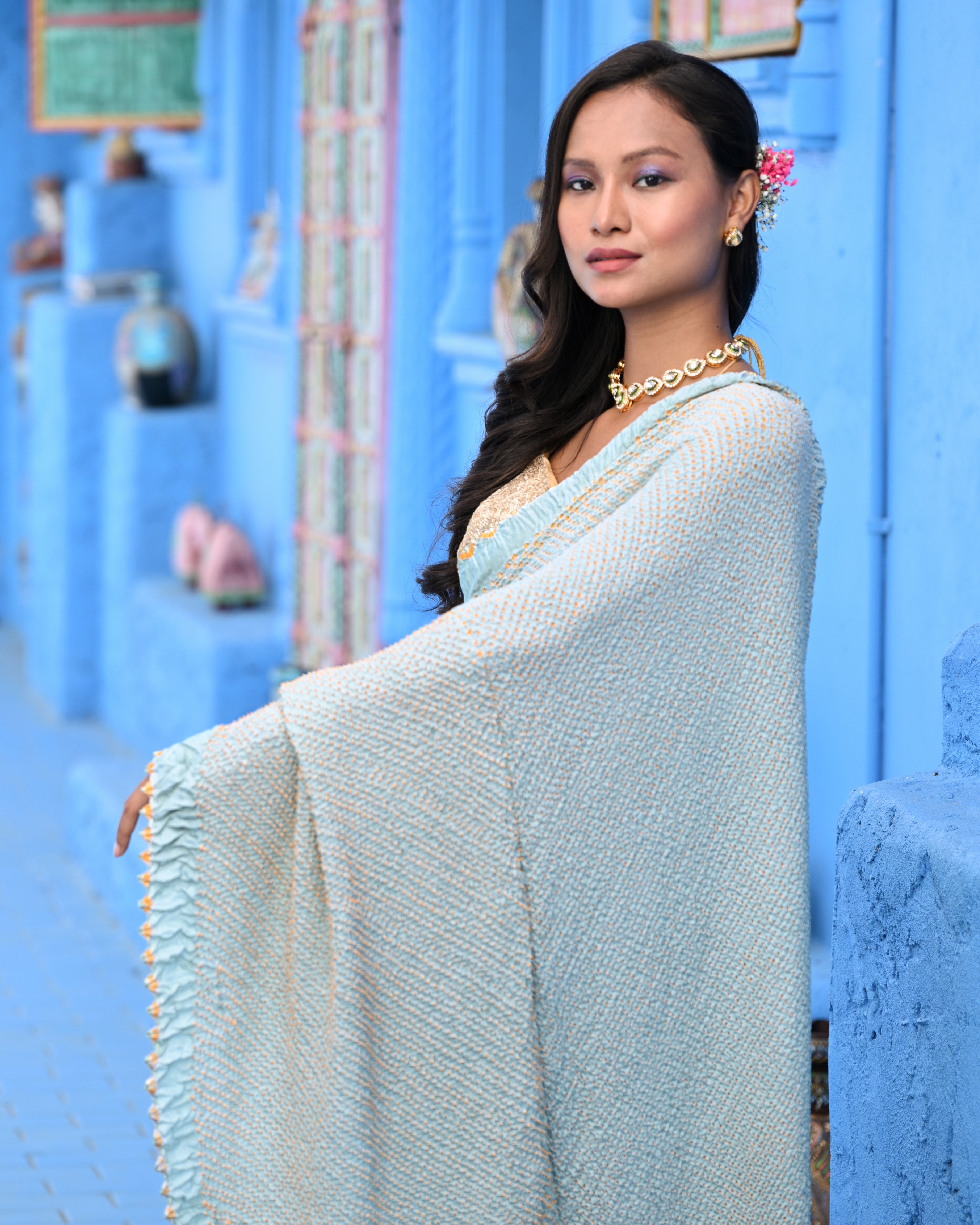 BLUE ETERNAL DOTS BANDHANI SILK SAREE