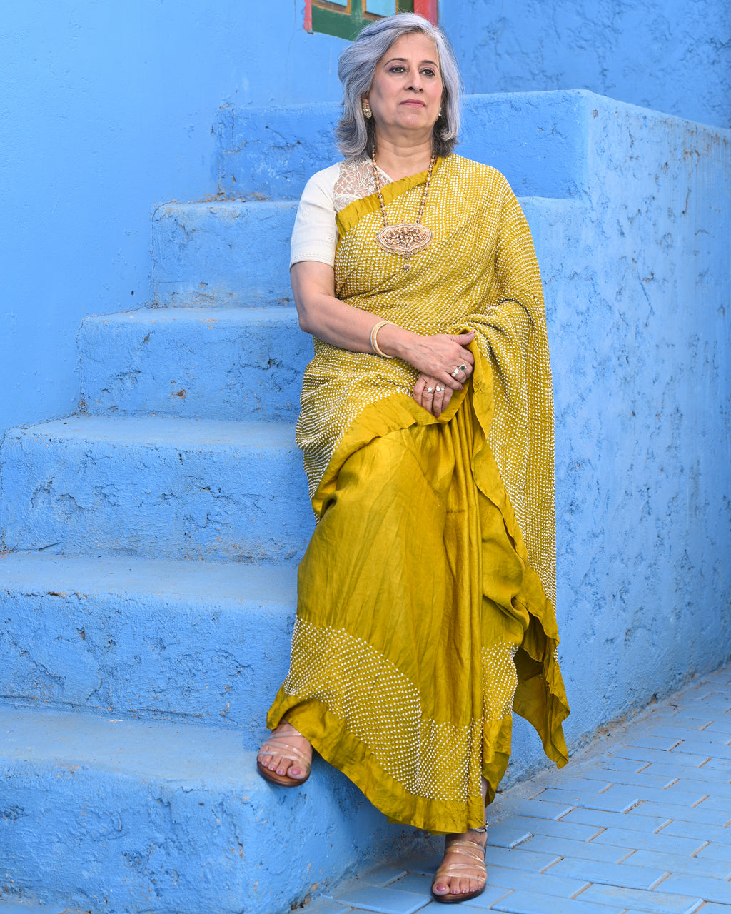 MUSTARD YELLOW YIN-YANG HALF FULL HALF EMPTY ETERNAL DOT BANDHANI SILK SAREE