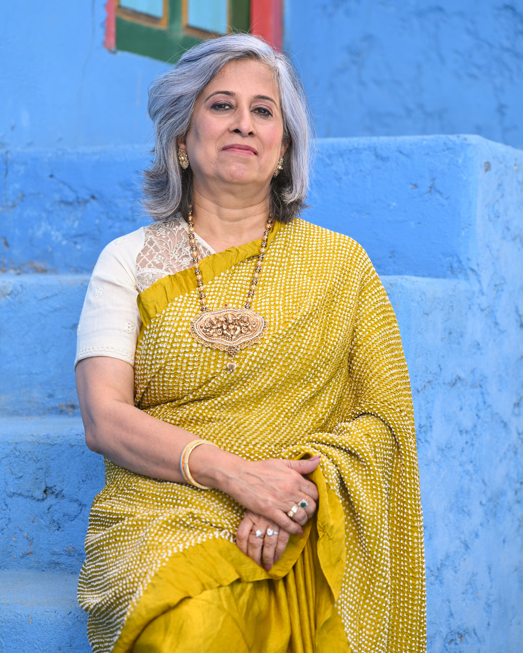 MUSTARD YELLOW YIN-YANG HALF FULL HALF EMPTY ETERNAL DOT BANDHANI SILK SAREE
