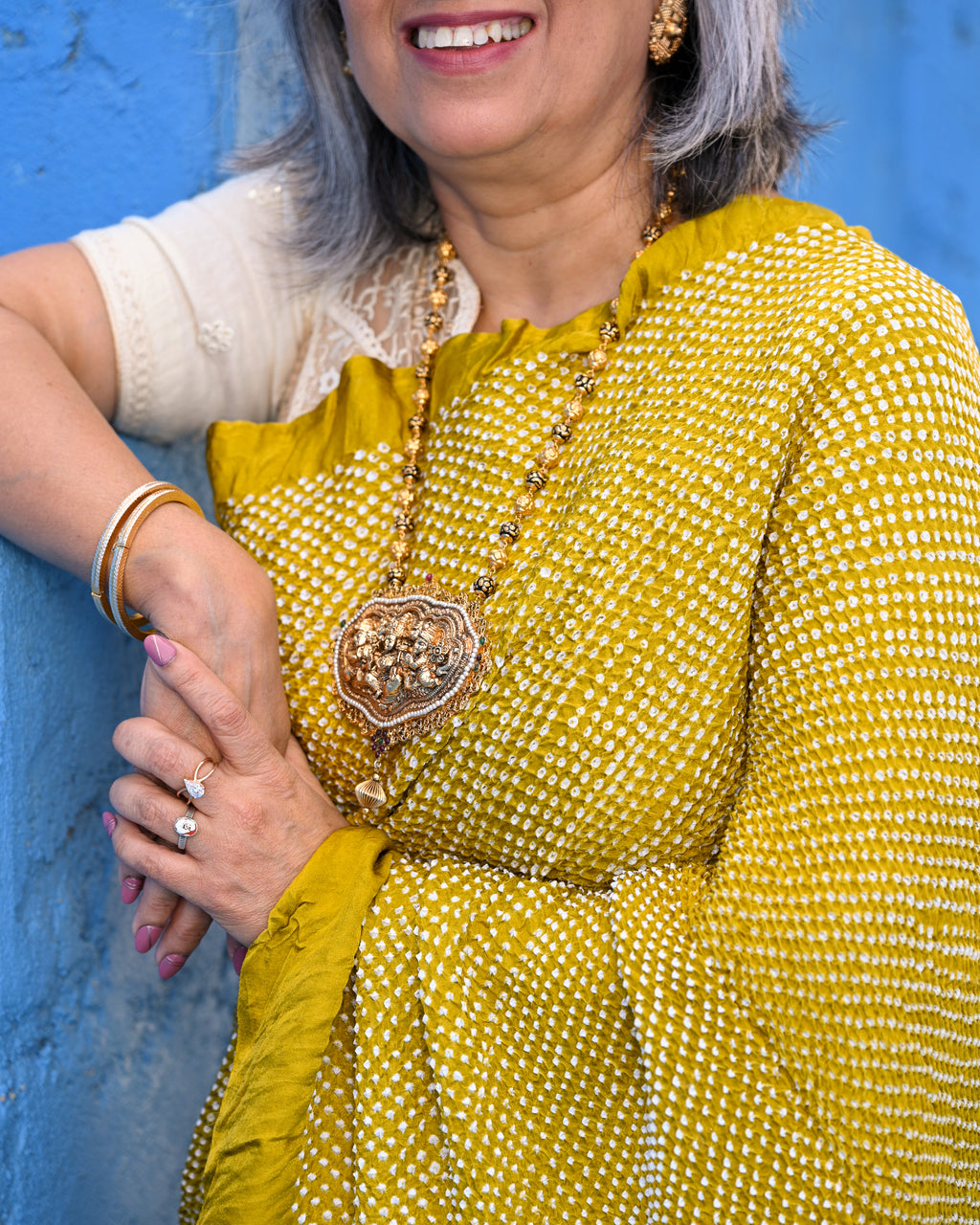 MUSTARD YELLOW YIN-YANG HALF FULL HALF EMPTY ETERNAL DOT BANDHANI SILK SAREE