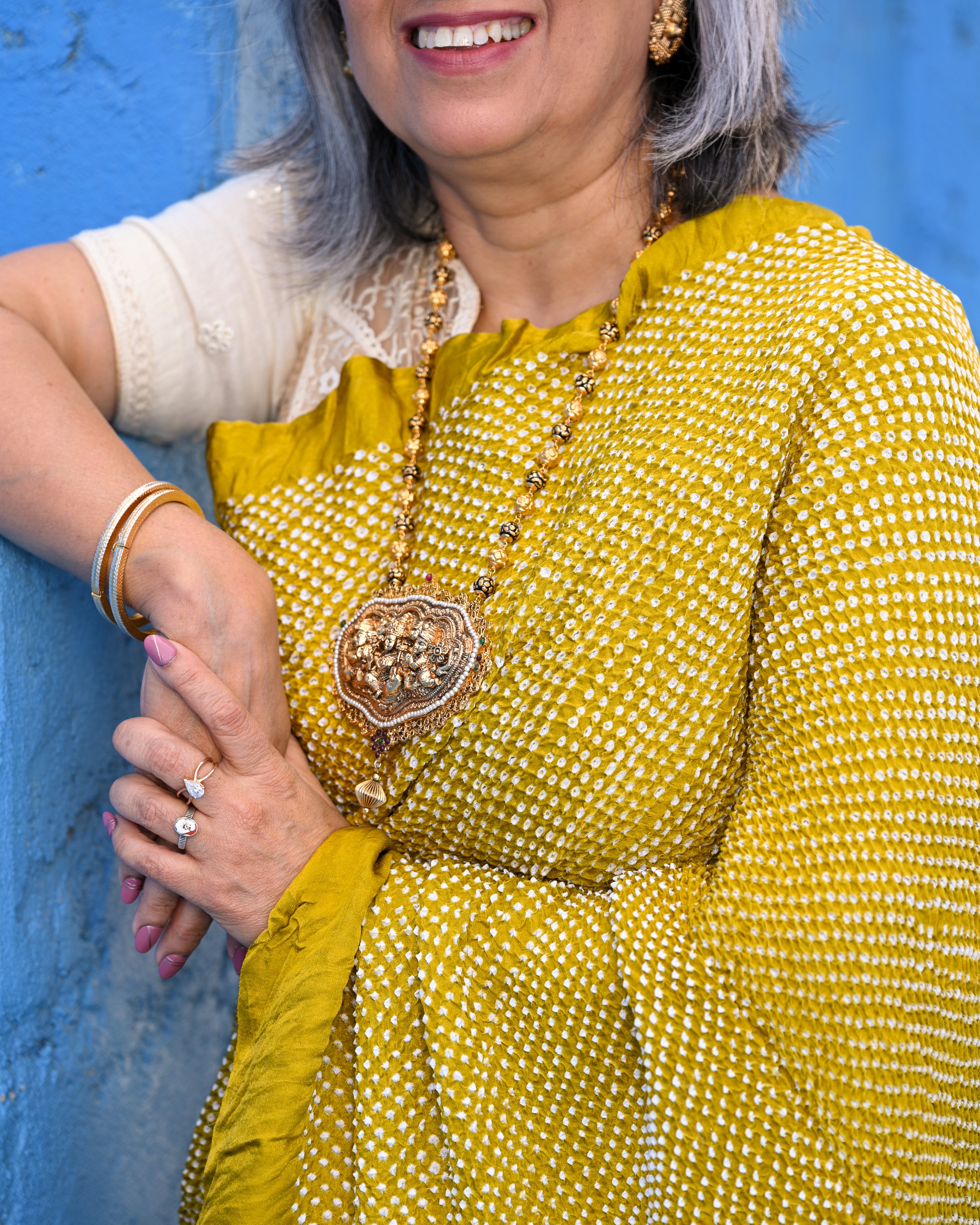 MUSTARD YELLOW YIN-YANG HALF FULL HALF EMPTY ETERNAL DOT BANDHANI SILK SAREE
