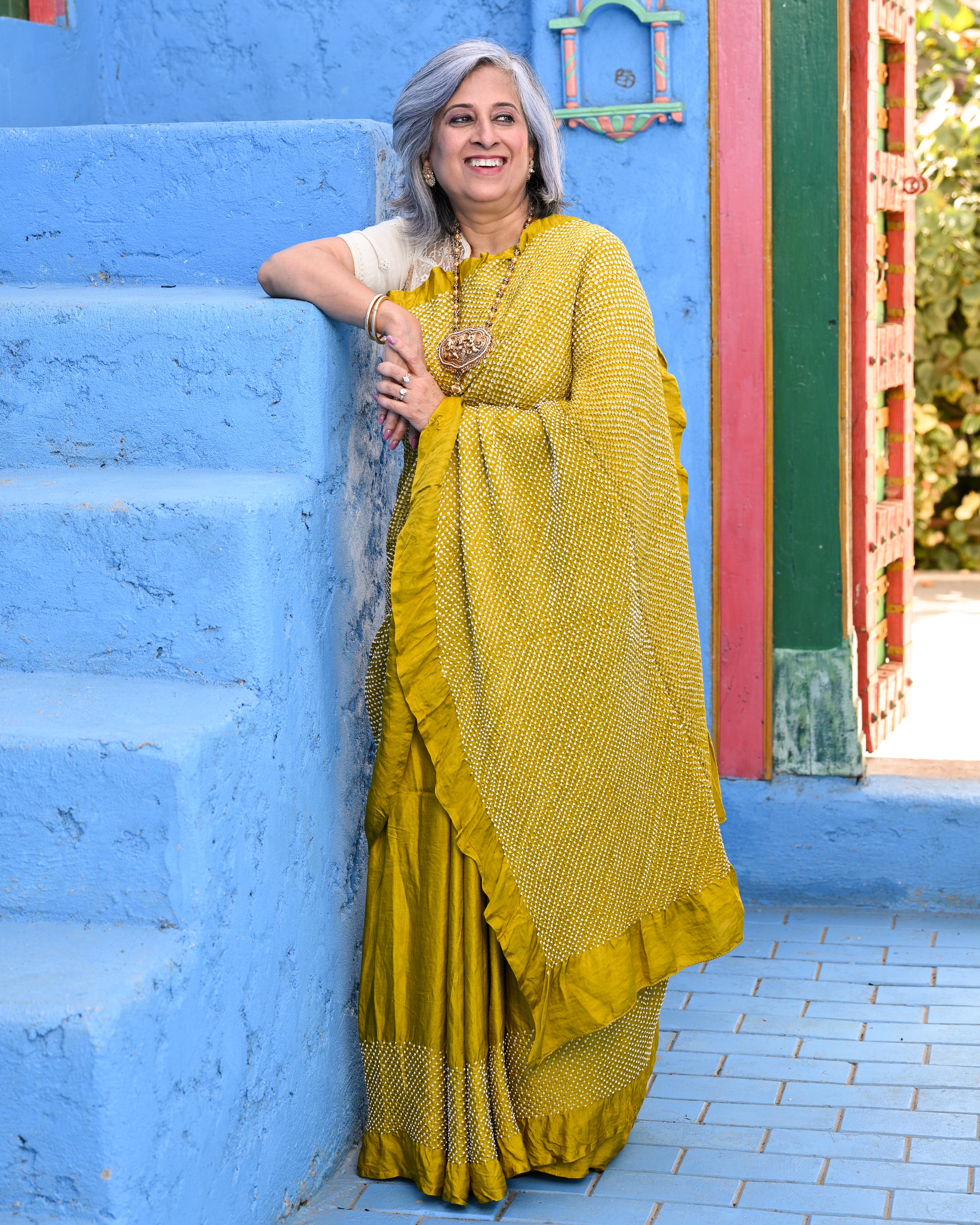 MUSTARD YELLOW YIN-YANG HALF FULL HALF EMPTY ETERNAL DOT BANDHANI SILK SAREE