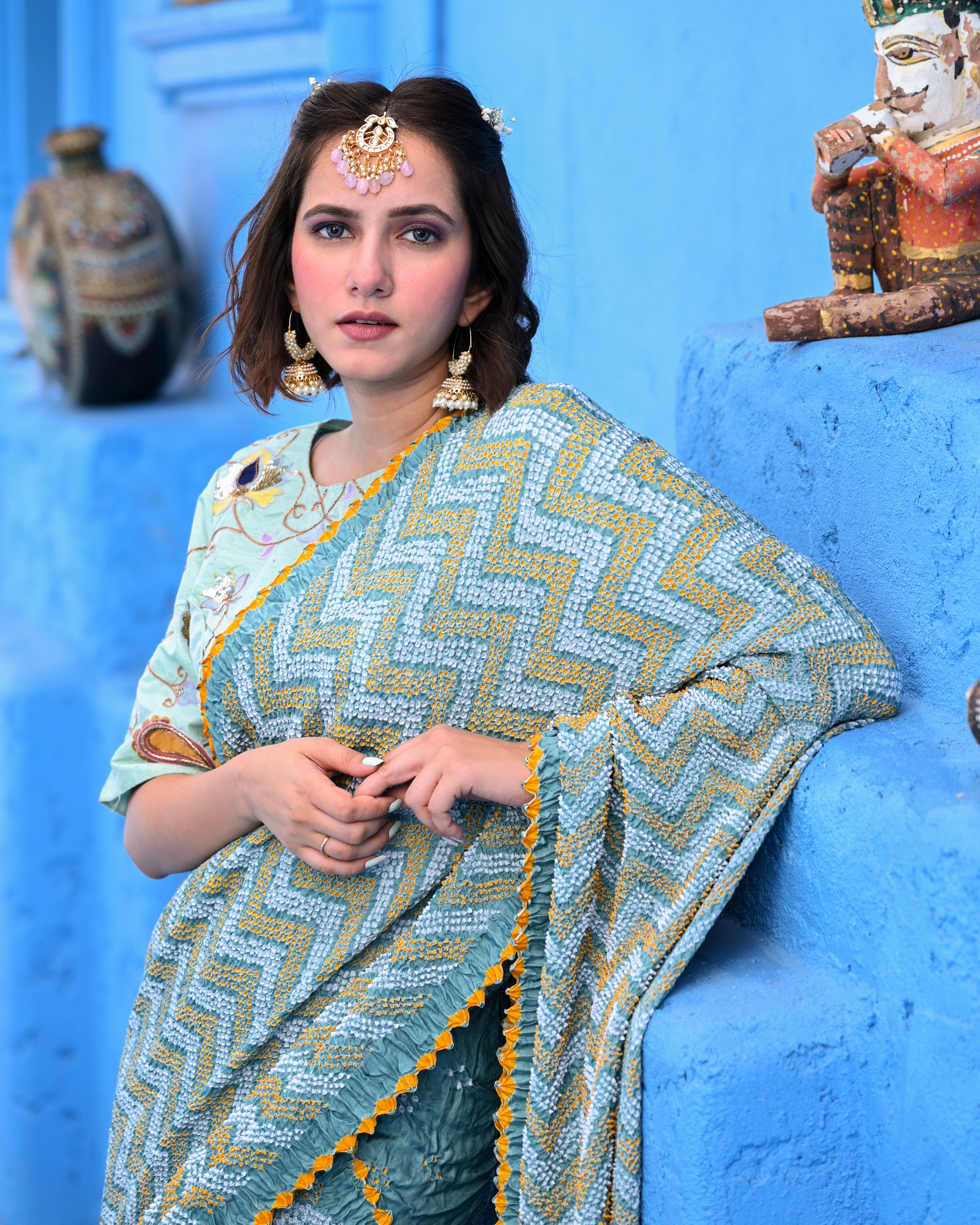BLUE O3 CHEVRON BANDHANI SILK SAREE