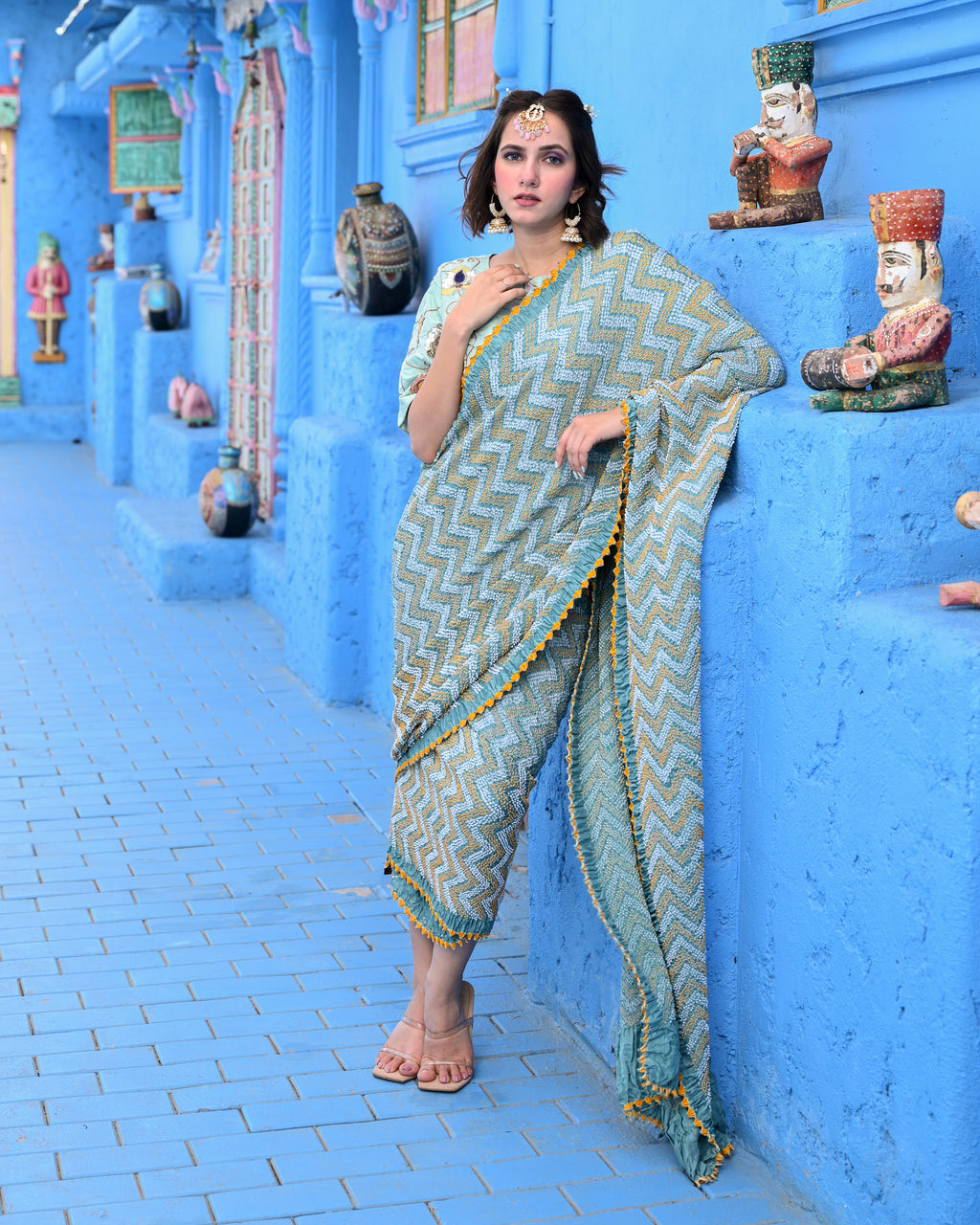 BLUE O3 CHEVRON BANDHANI SILK SAREE