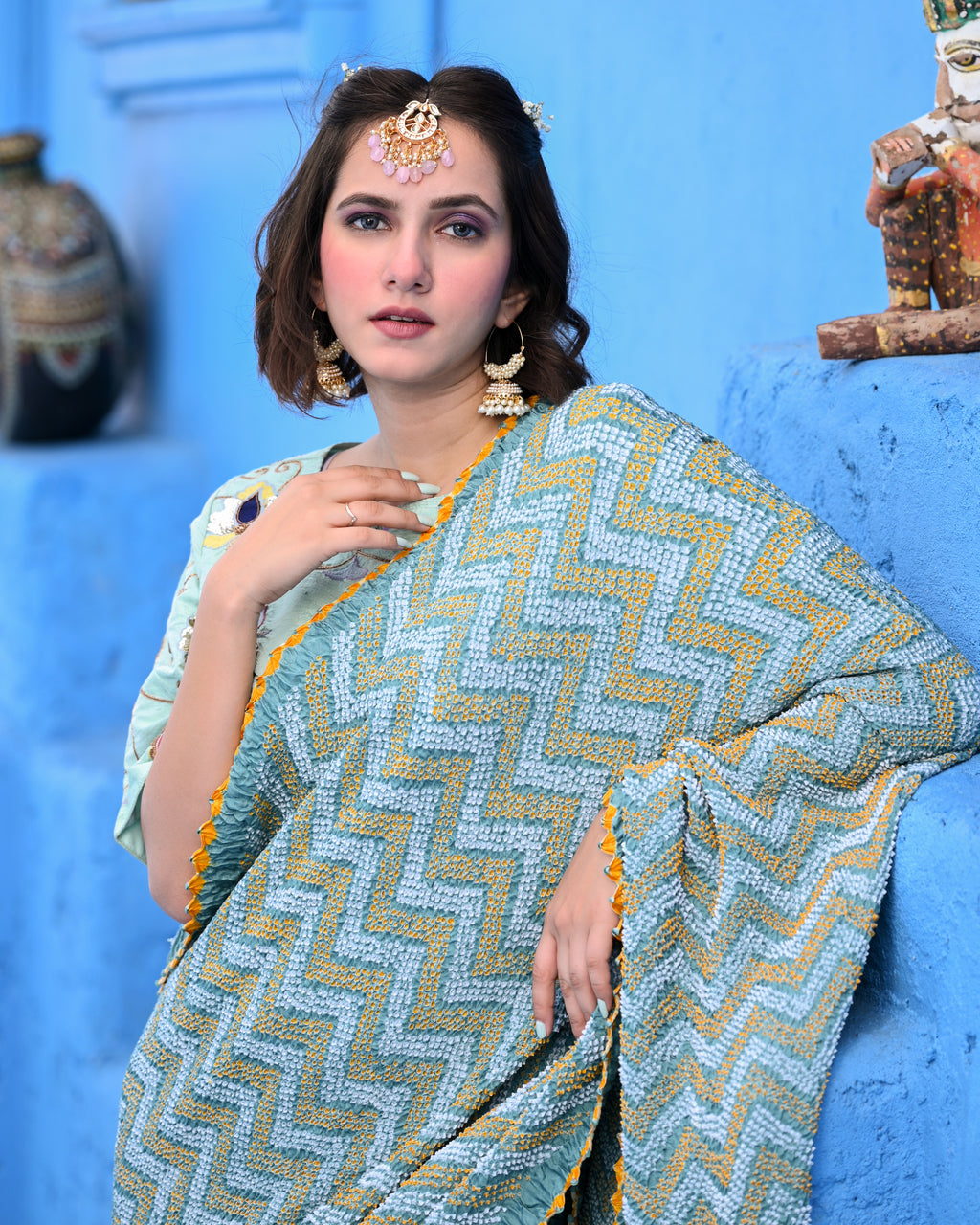 BLUE O3 CHEVRON BANDHANI SILK SAREE