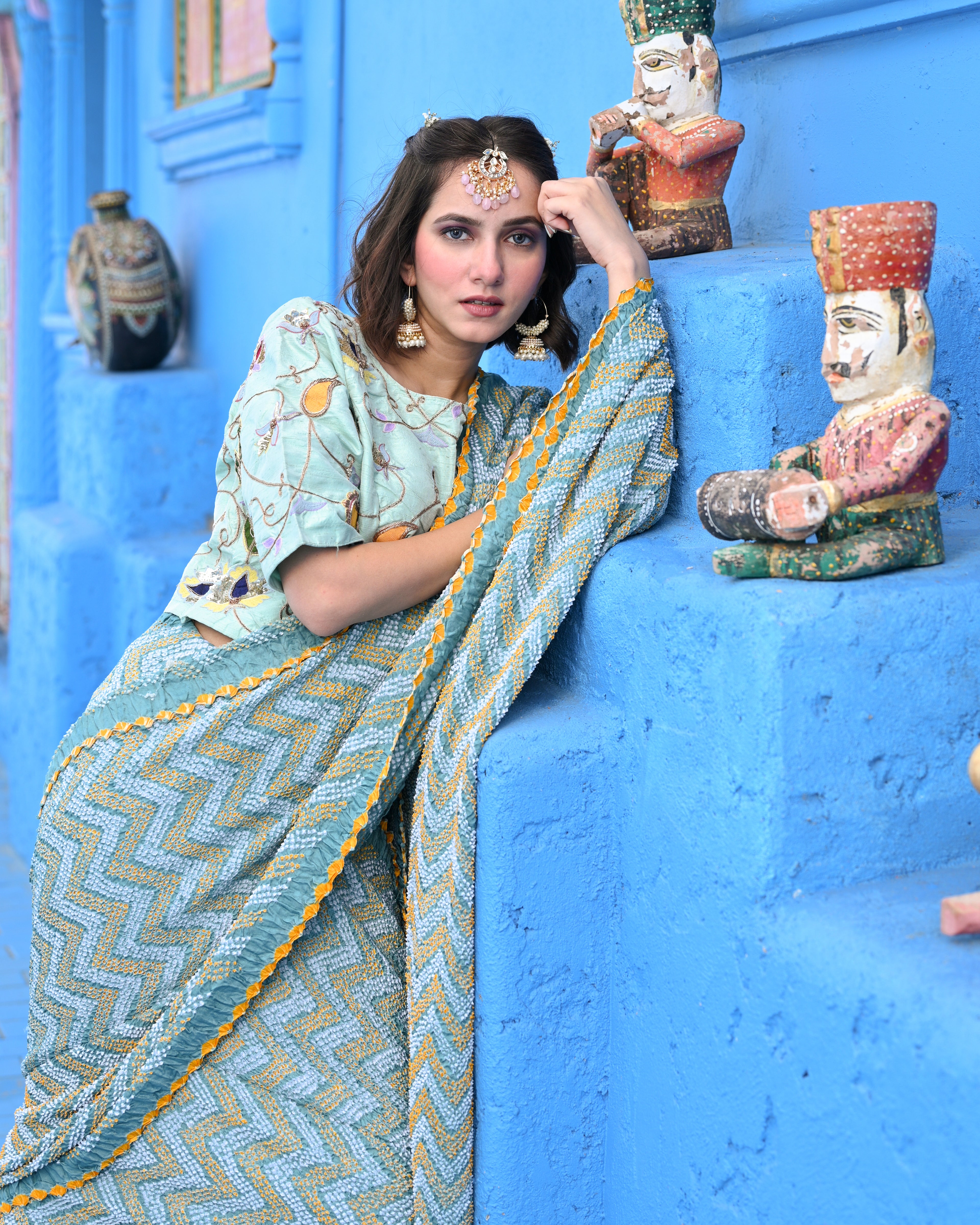 BLUE O3 CHEVRON BANDHANI SILK SAREE