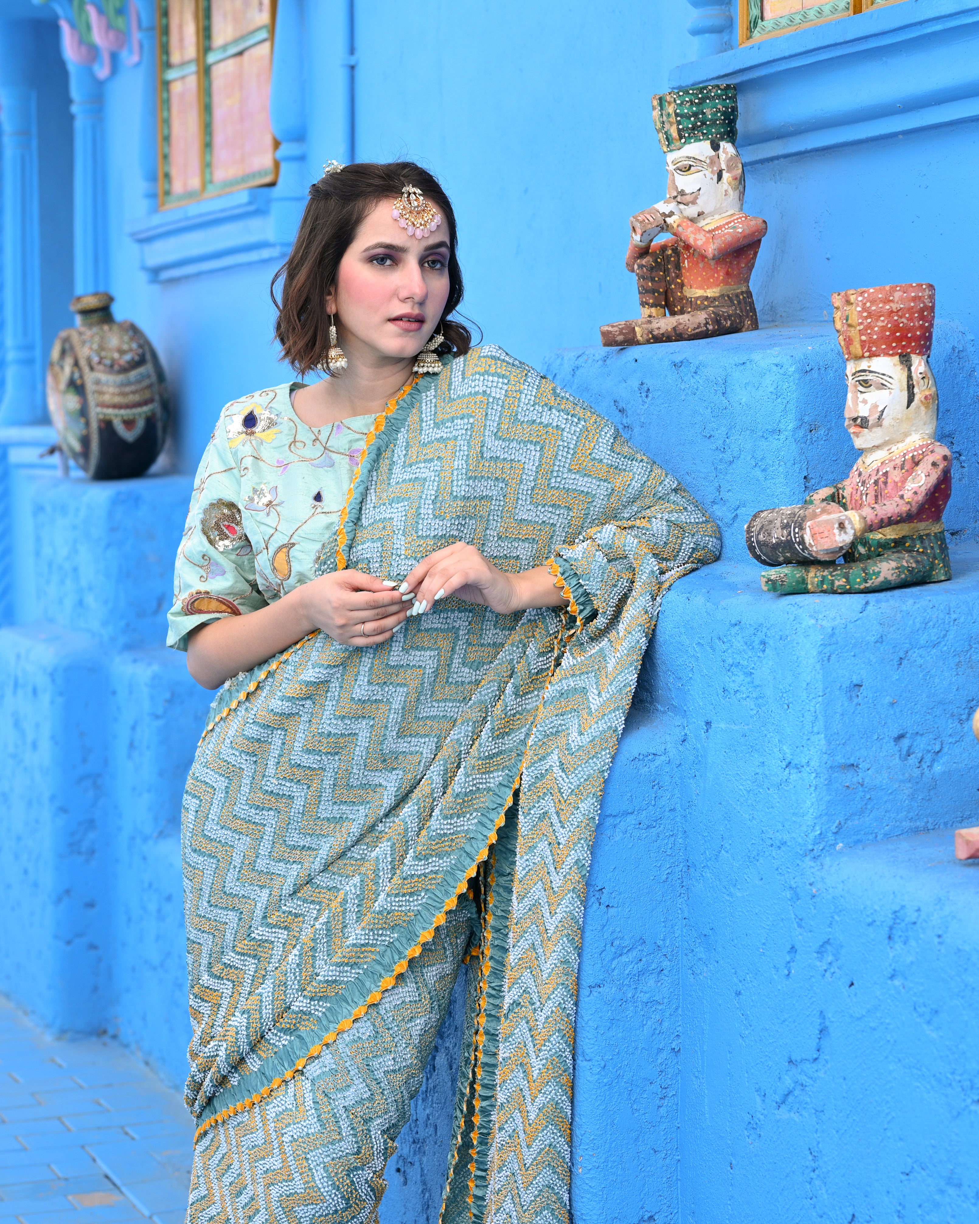 BLUE O3 CHEVRON BANDHANI SILK SAREE