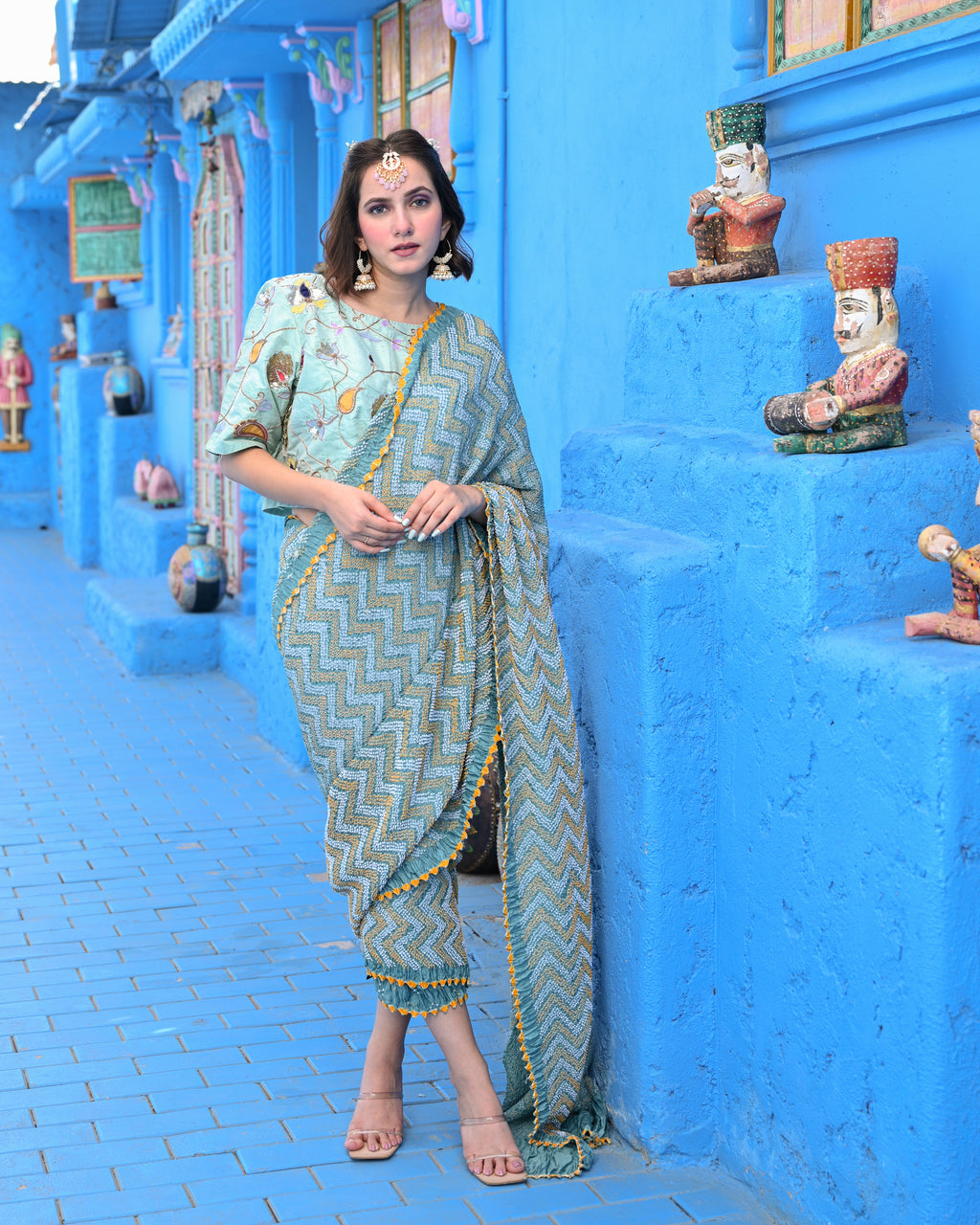 BLUE O3 CHEVRON BANDHANI SILK SAREE