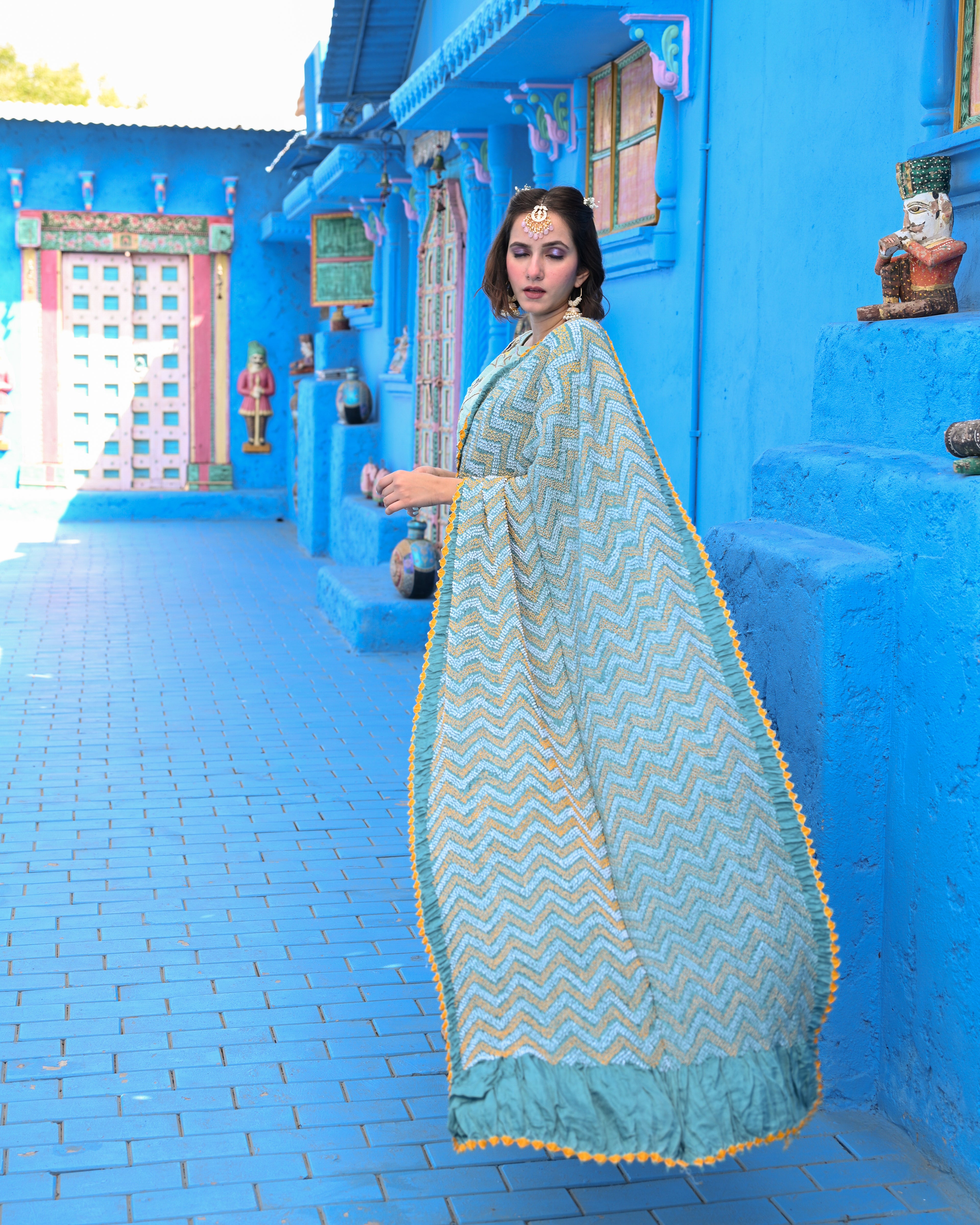 BLUE O3 CHEVRON BANDHANI SILK SAREE