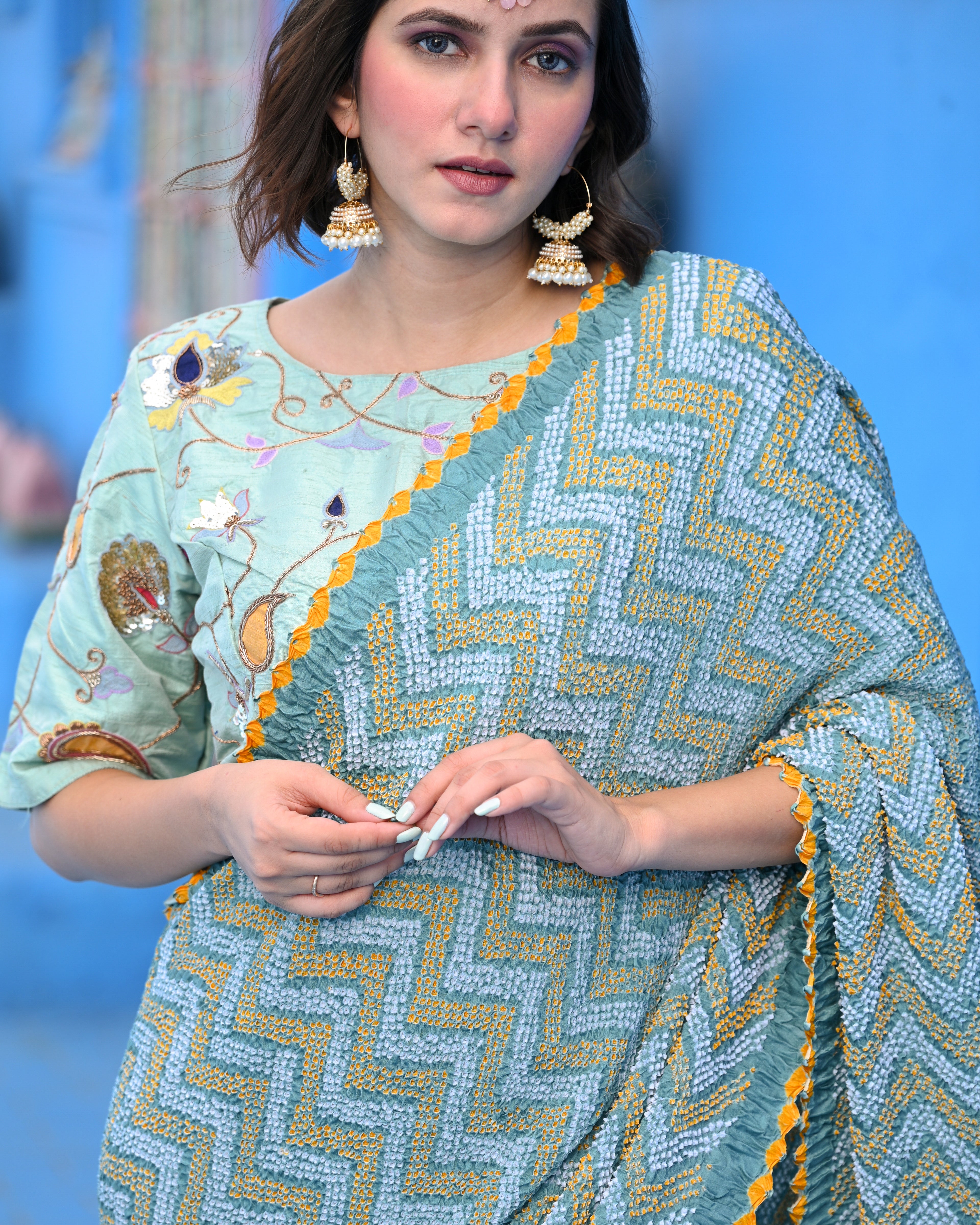 BLUE O3 CHEVRON BANDHANI SILK SAREE