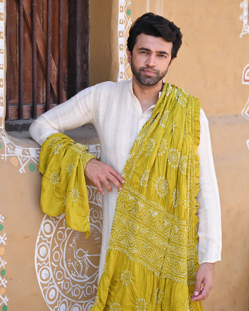 MUSTARD YELLOW CLASSIC TRADITIONAL LADDU BANDHANI SILK DUPATTA