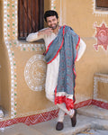 GREY CIRCLES OF THE LIFE BANDHANI SILK DUPATTAL WITH SILK BORDER, LAMPI AND MIRROR WORK