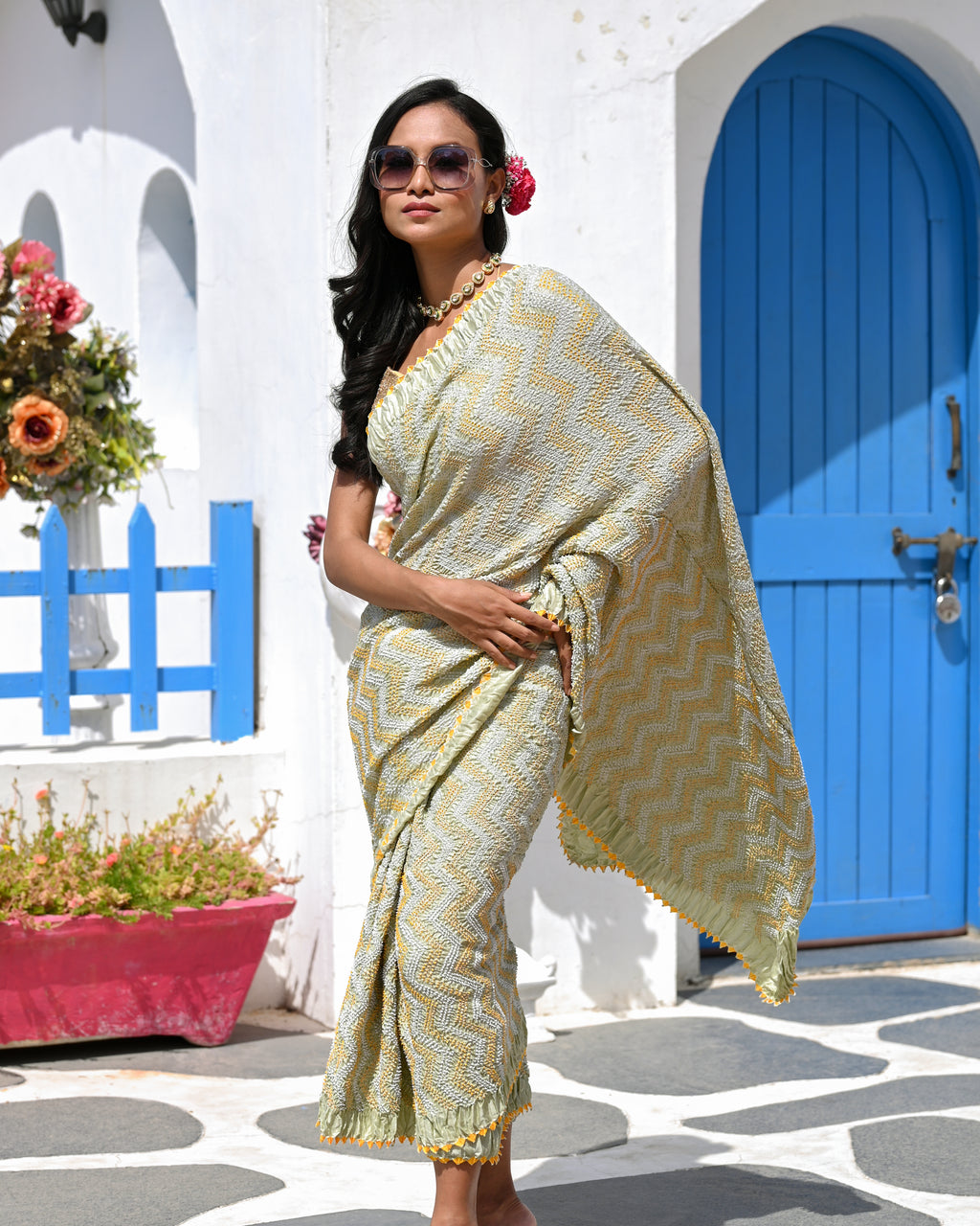 LIGHT GREEN O3 CHEVRON BANDHANI SILK SAREE