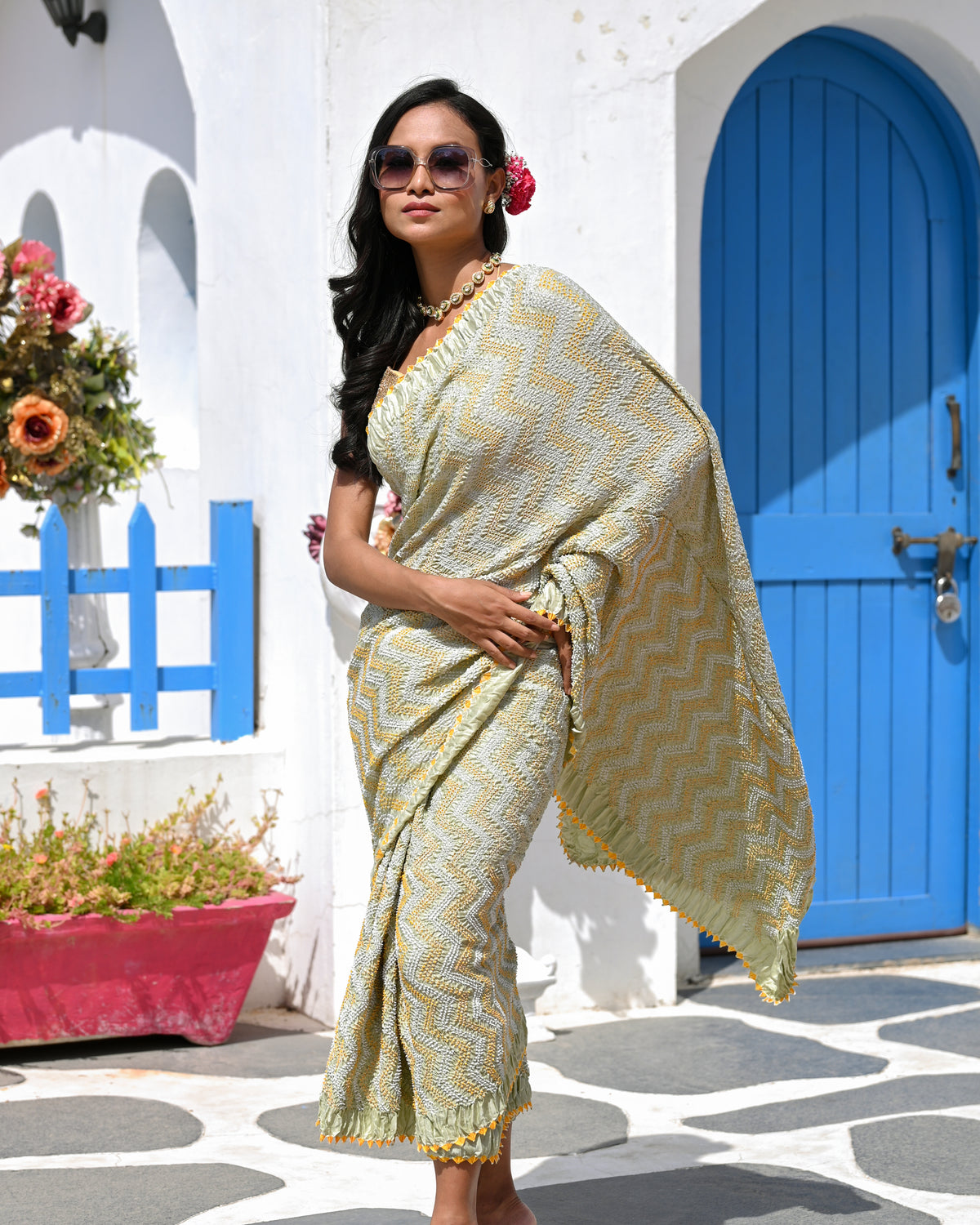 CHEVRON BANDHANI SILK SAREE PASTEL GREEN