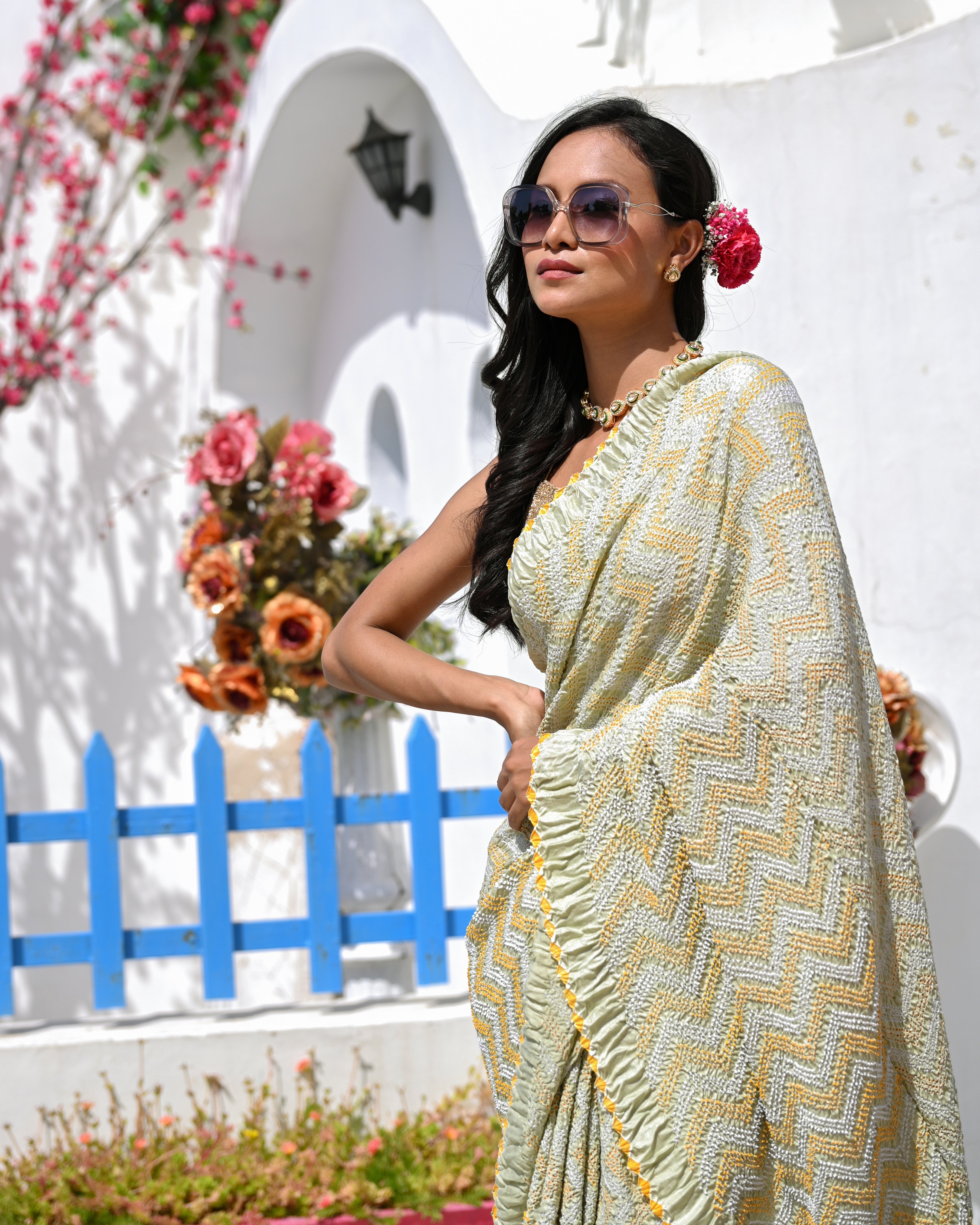 LIGHT GREEN O3 CHEVRON BANDHANI SILK SAREE