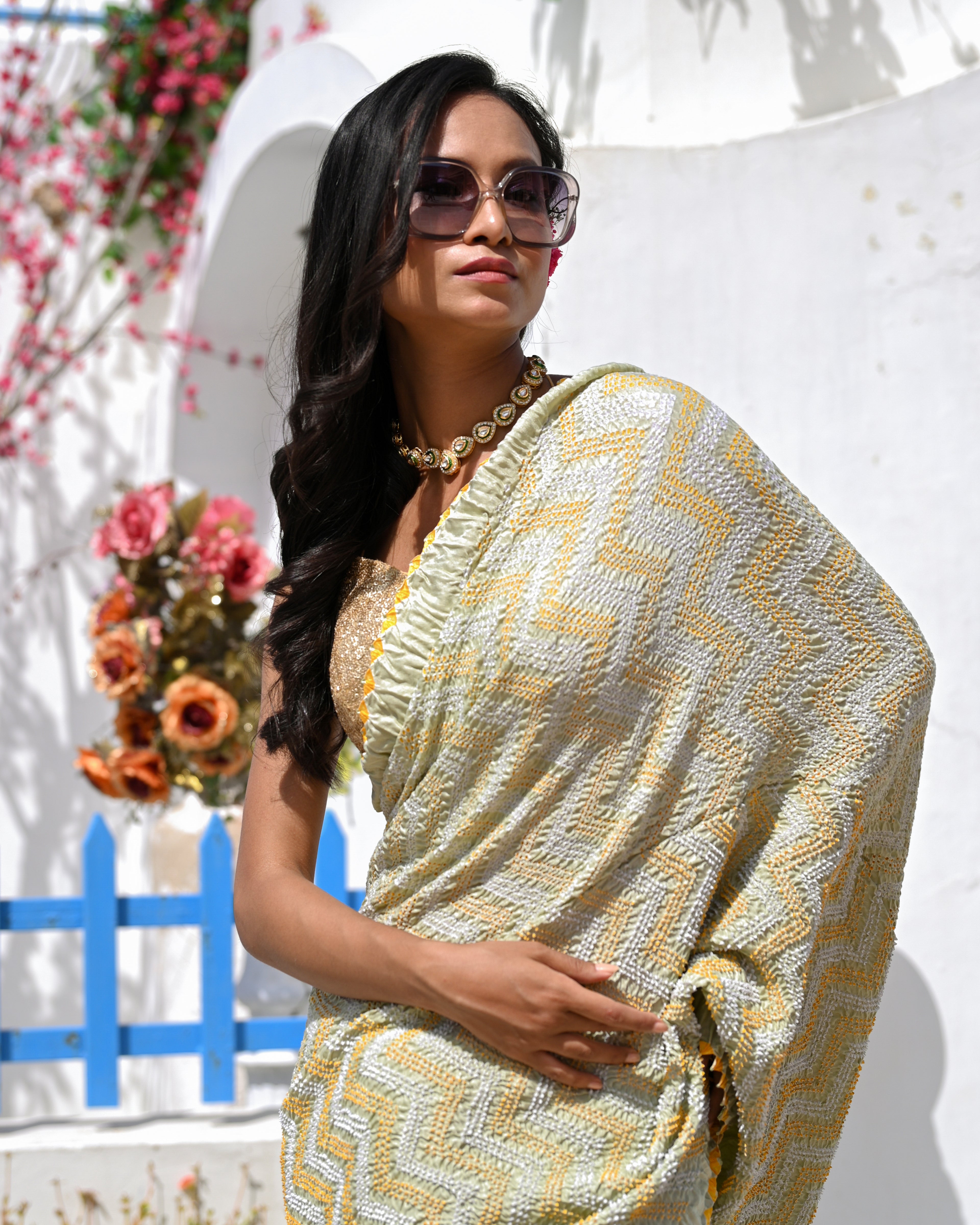 LIGHT GREEN O3 CHEVRON BANDHANI SILK SAREE