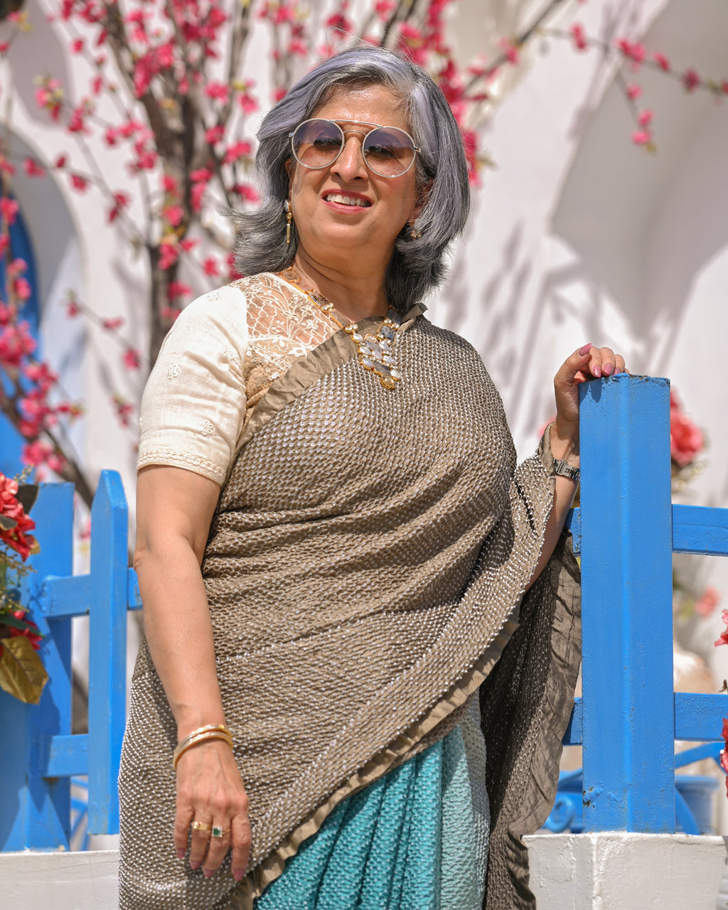 BROWN-BLUE ETERNAL DOTS BANDHANI SILK SAREE
