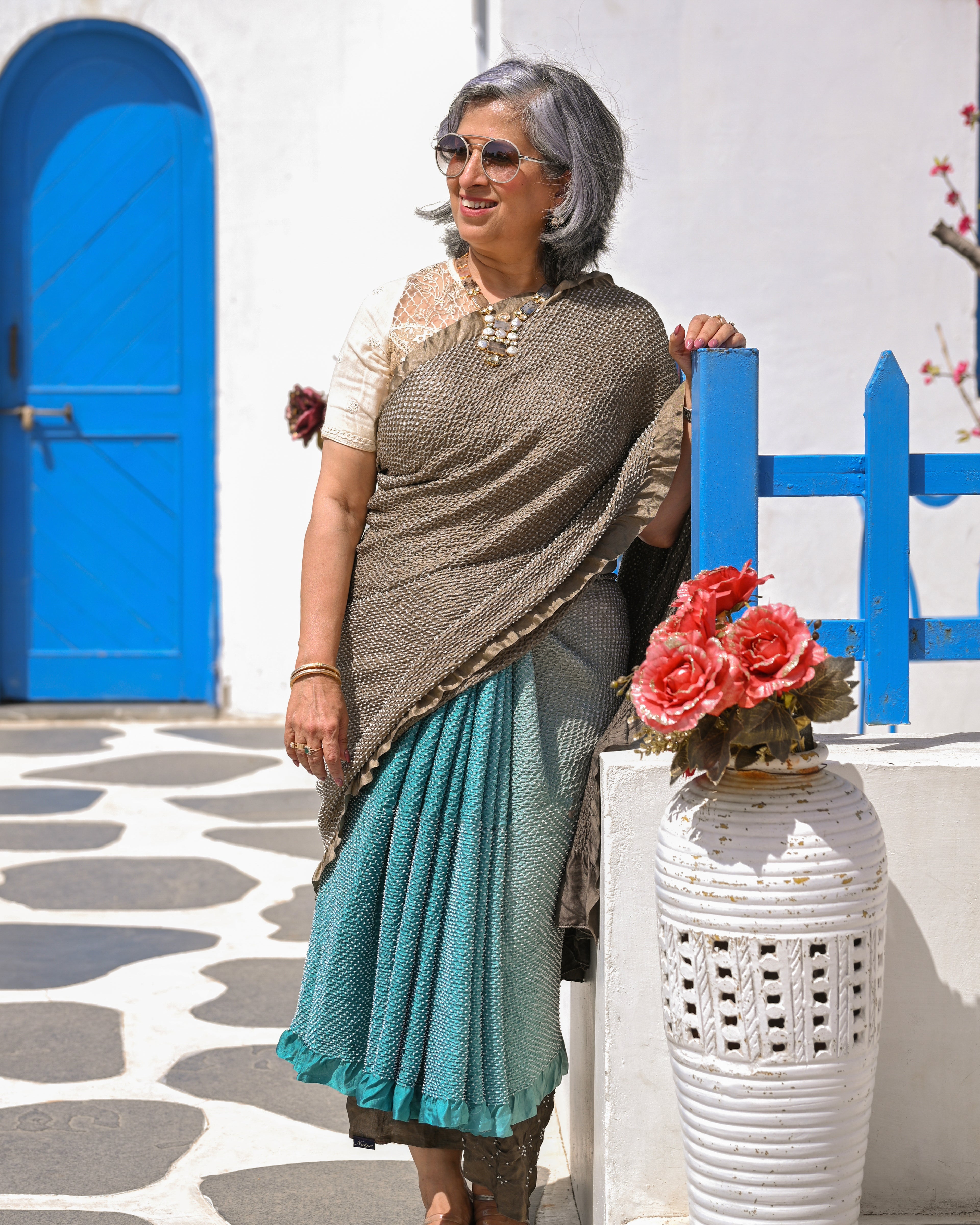 BROWN-BLUE ETERNAL DOTS BANDHANI SILK SAREE