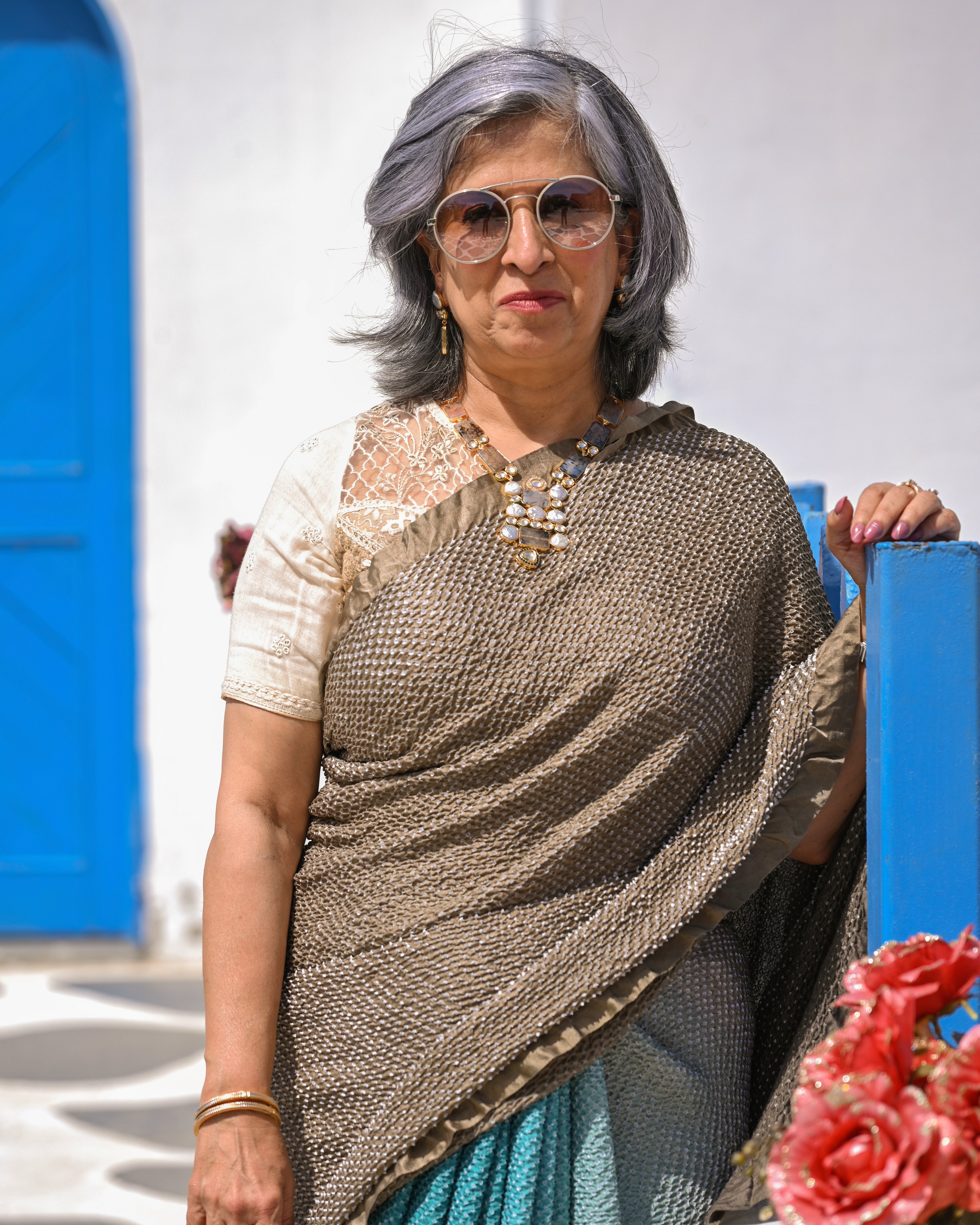 BROWN-BLUE ETERNAL DOTS BANDHANI SILK SAREE