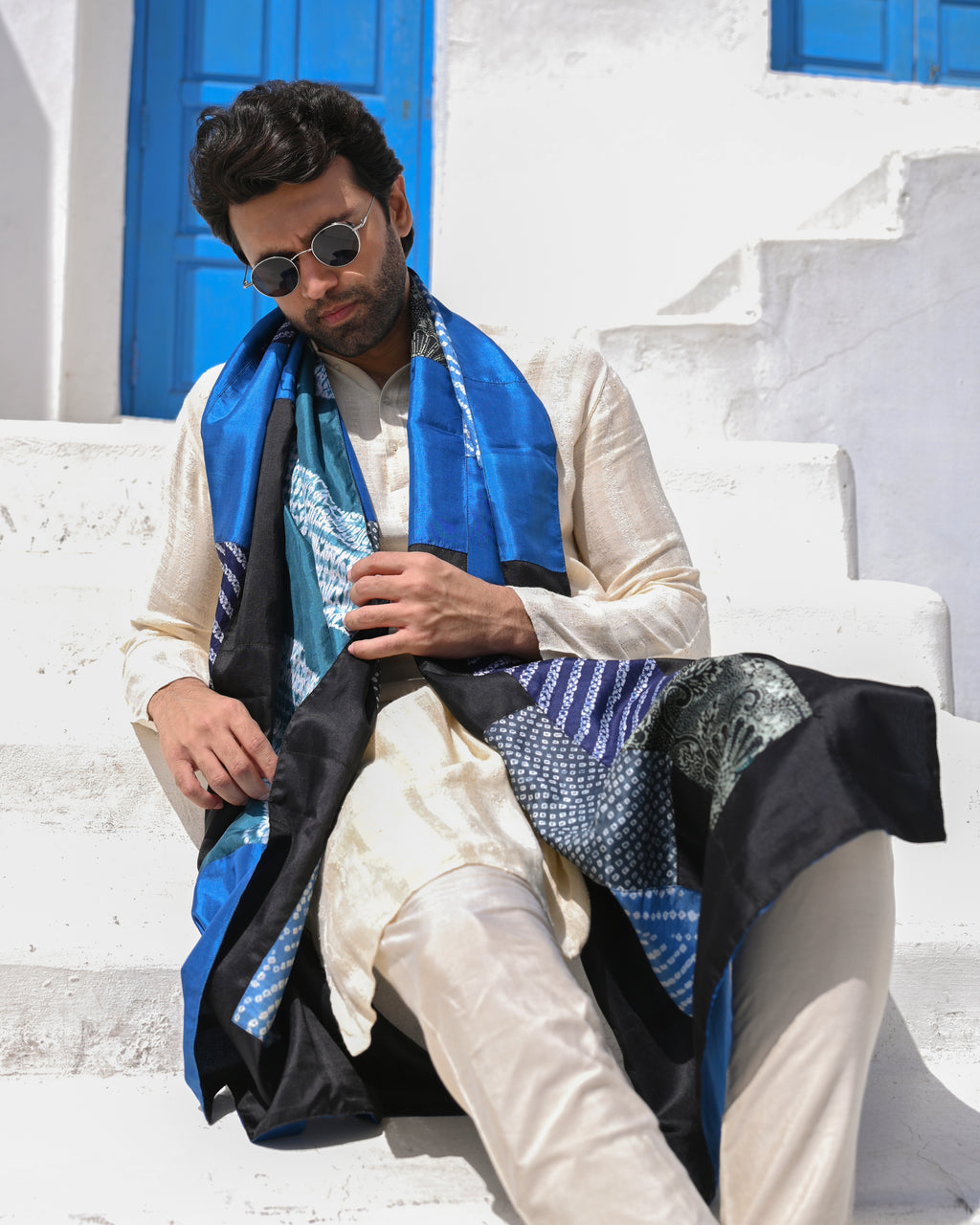 BLUE-BLACK BAARADOZI PATCHWORK REVERSIBLE SILK STOLE