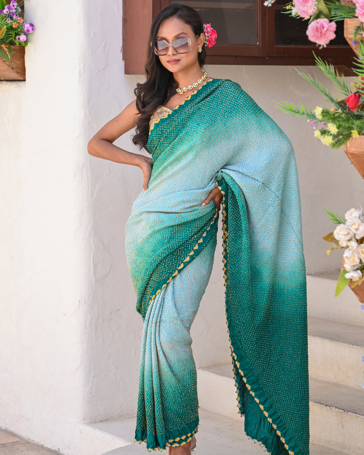 ETERNAL DOTS BANDHANI SILK SAREE TEAL GREEN