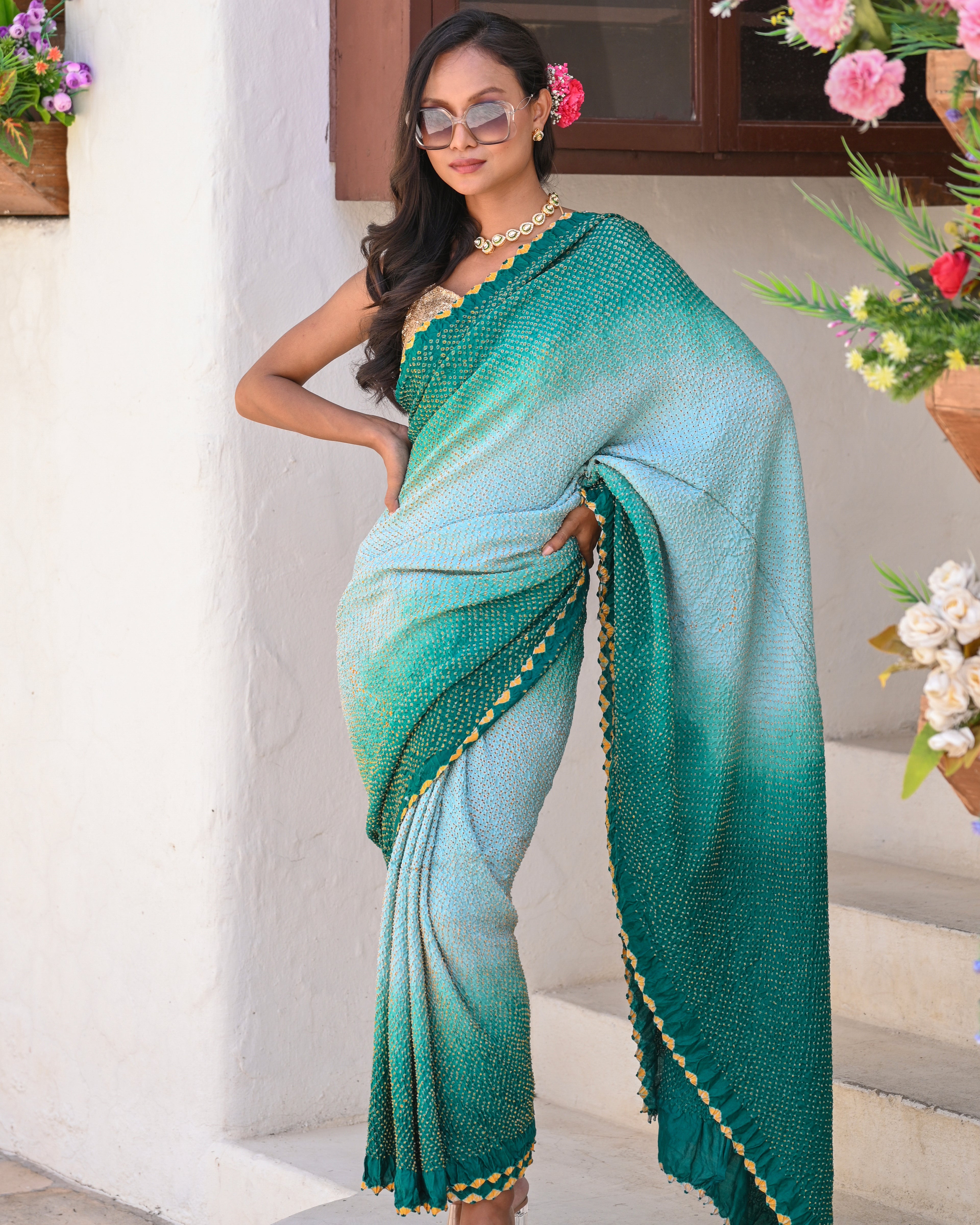 TEAL GREEN ETERNAL DOTS BANDHANI SILK SAREE