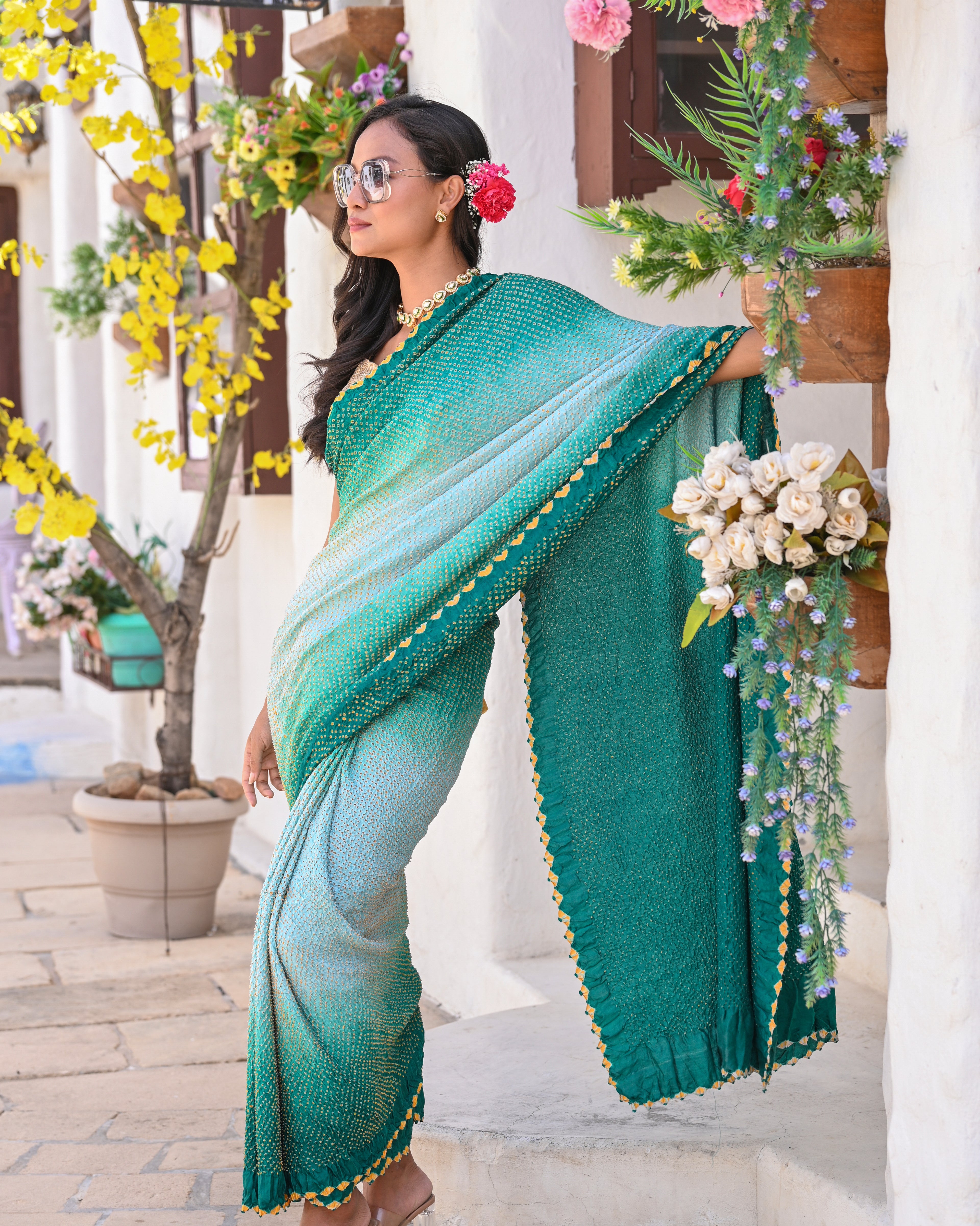 TEAL GREEN ETERNAL DOTS BANDHANI SILK SAREE