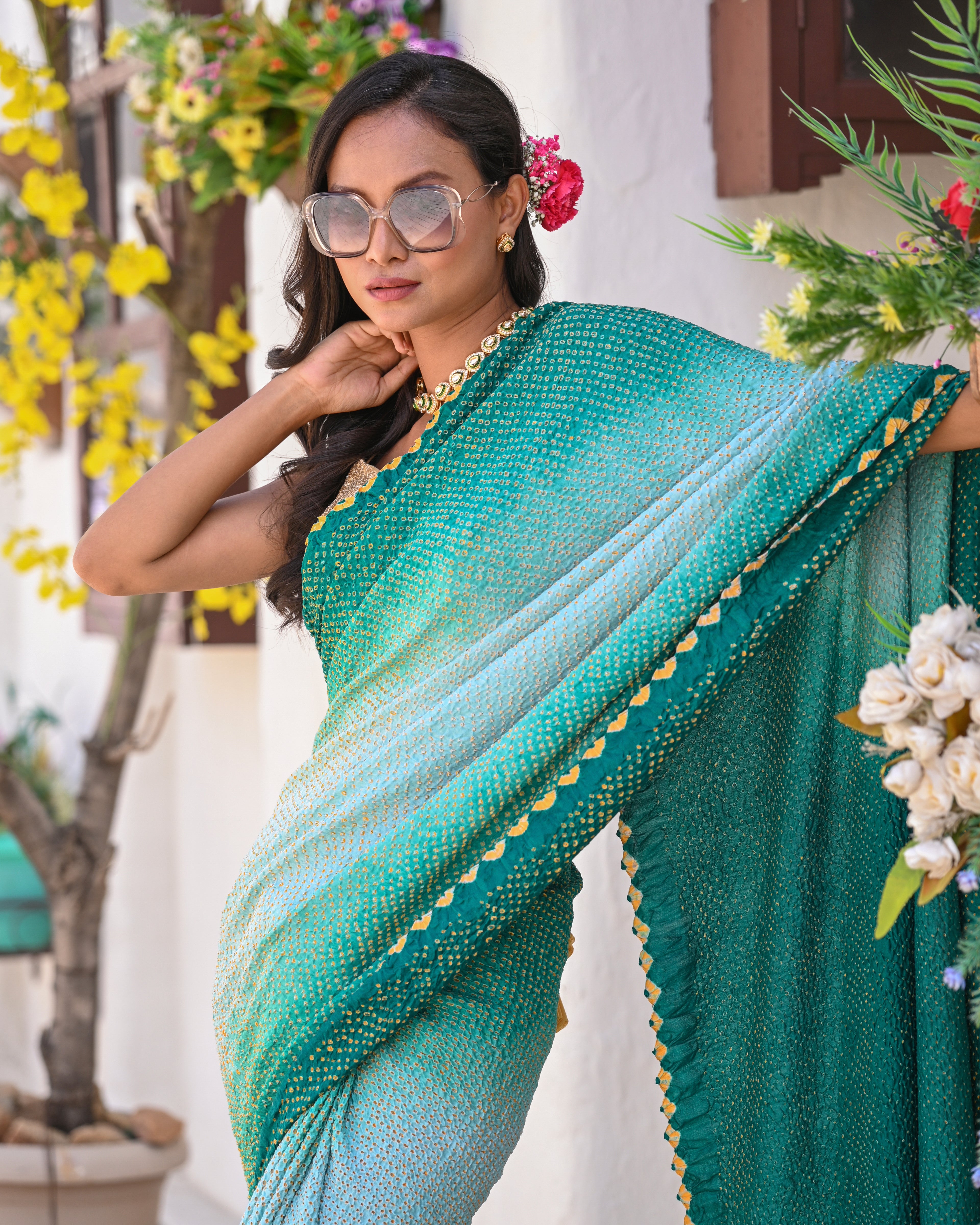 TEAL GREEN ETERNAL DOTS BANDHANI SILK SAREE