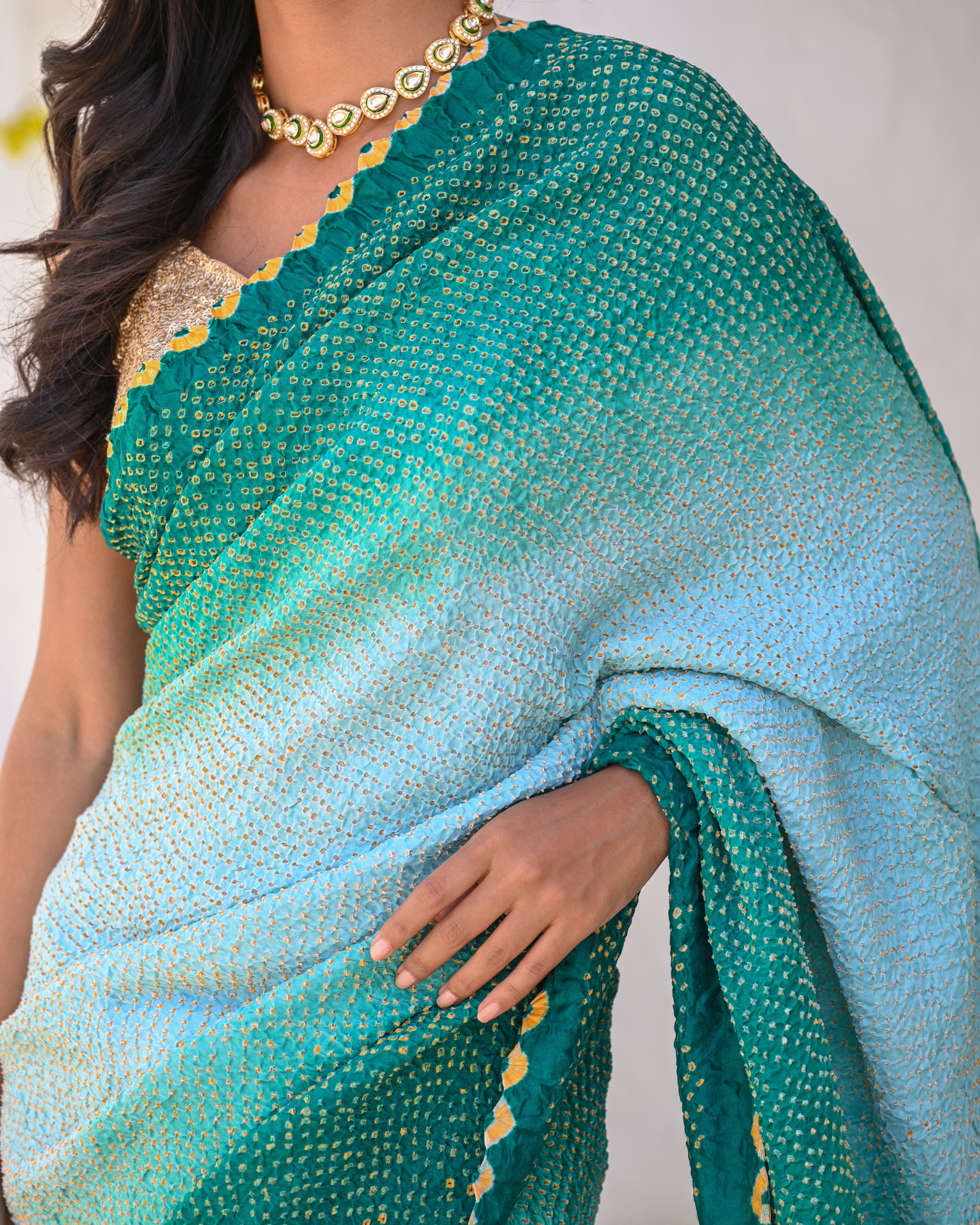 TEAL GREEN ETERNAL DOTS BANDHANI SILK SAREE