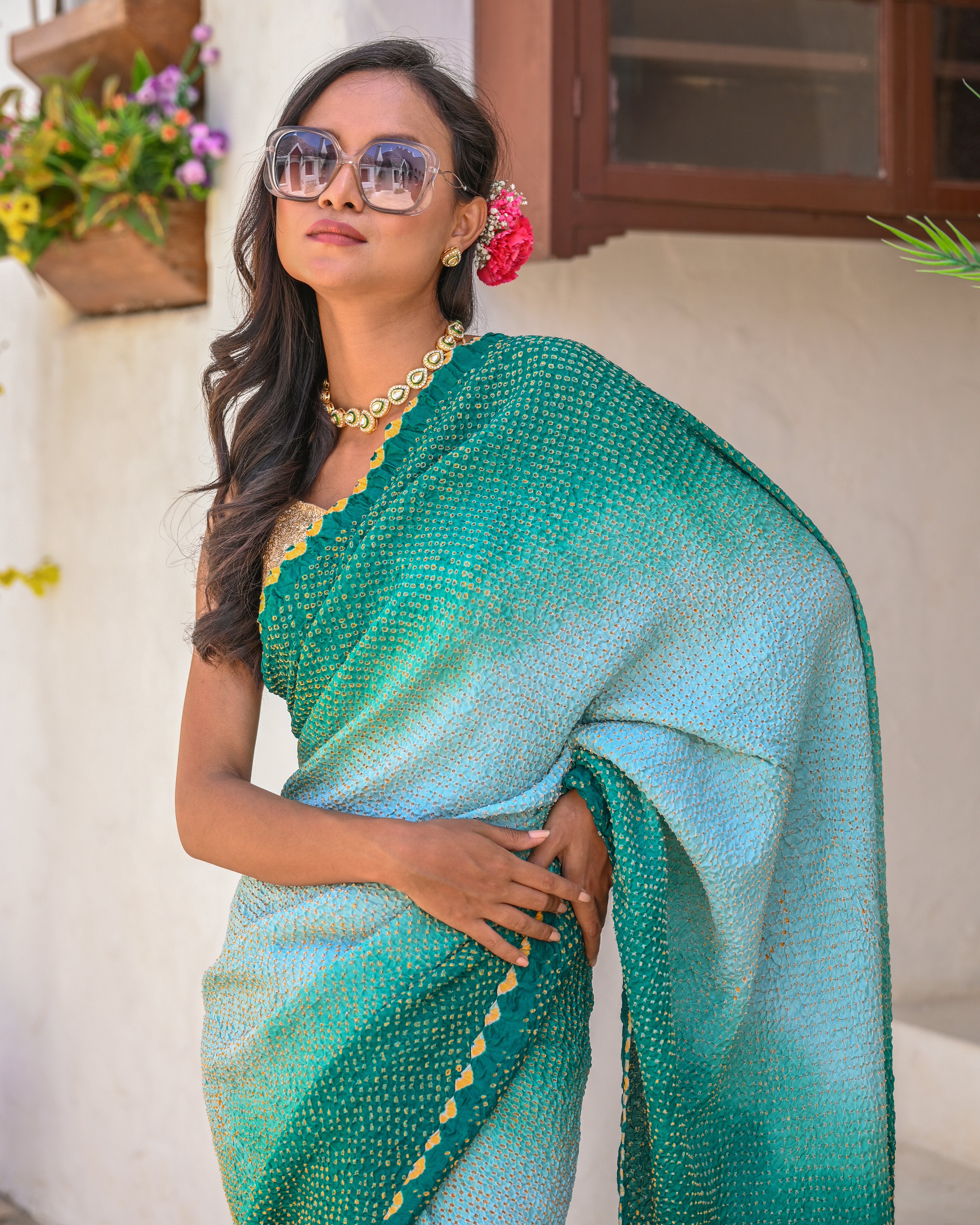 TEAL GREEN ETERNAL DOTS BANDHANI SILK SAREE