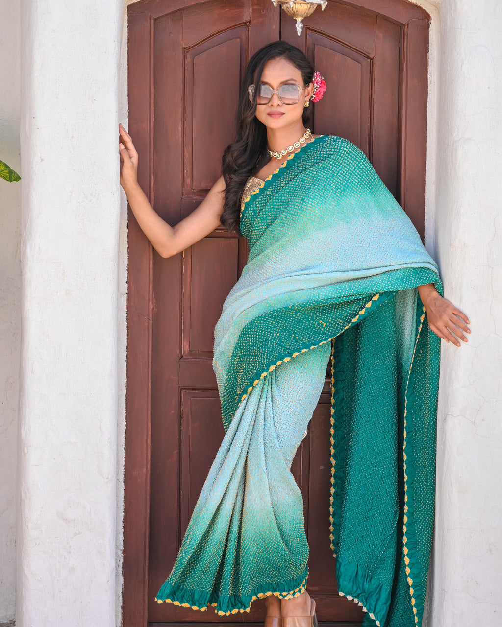 TEAL GREEN ETERNAL DOTS BANDHANI SILK SAREE