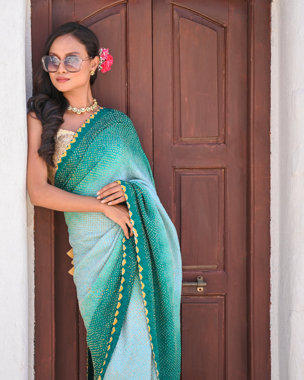 TEAL GREEN ETERNAL DOTS BANDHANI SILK SAREE