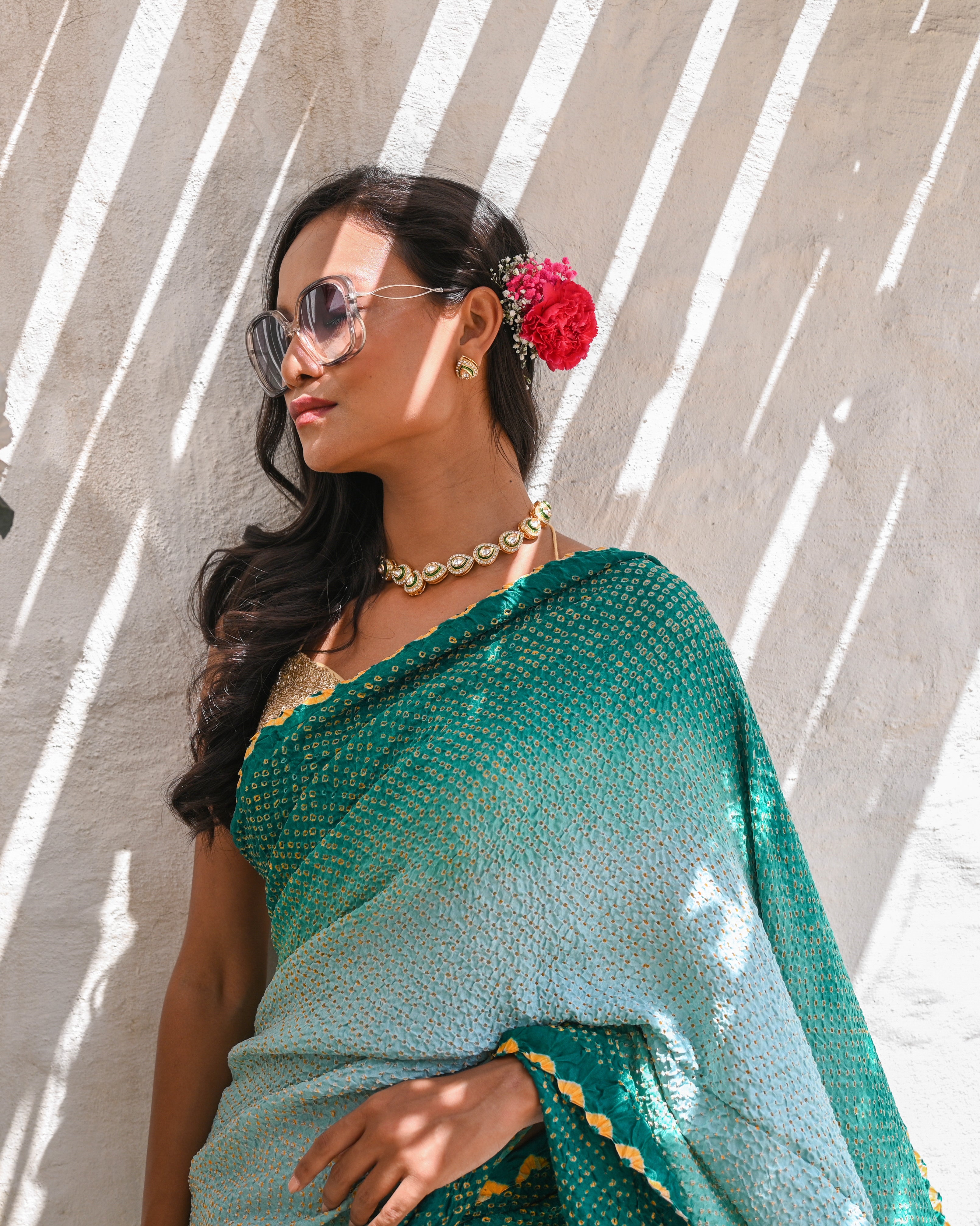 TEAL GREEN ETERNAL DOTS BANDHANI SILK SAREE