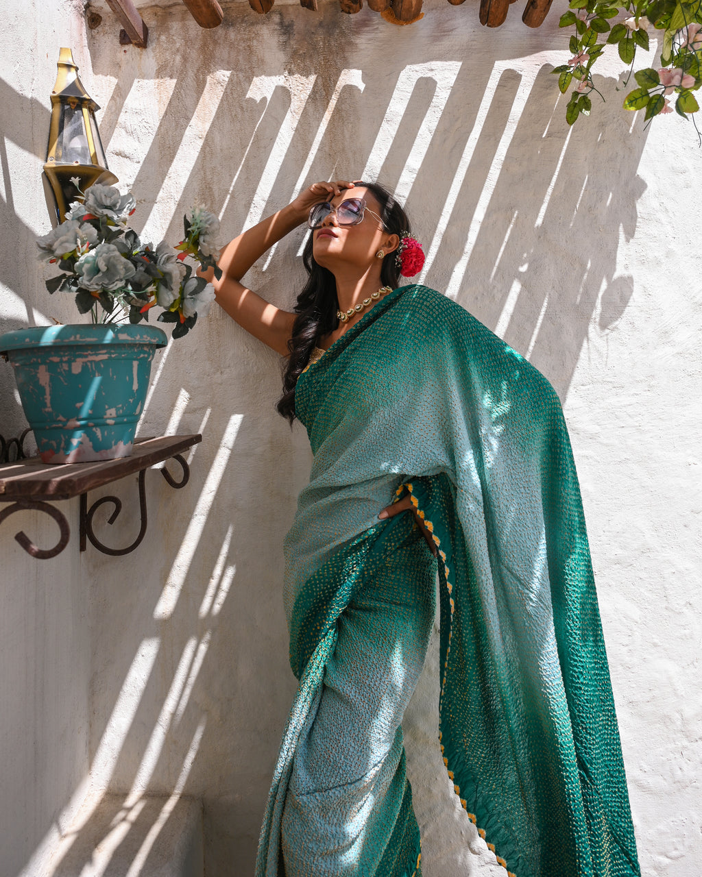 TEAL GREEN ETERNAL DOTS BANDHANI SILK SAREE