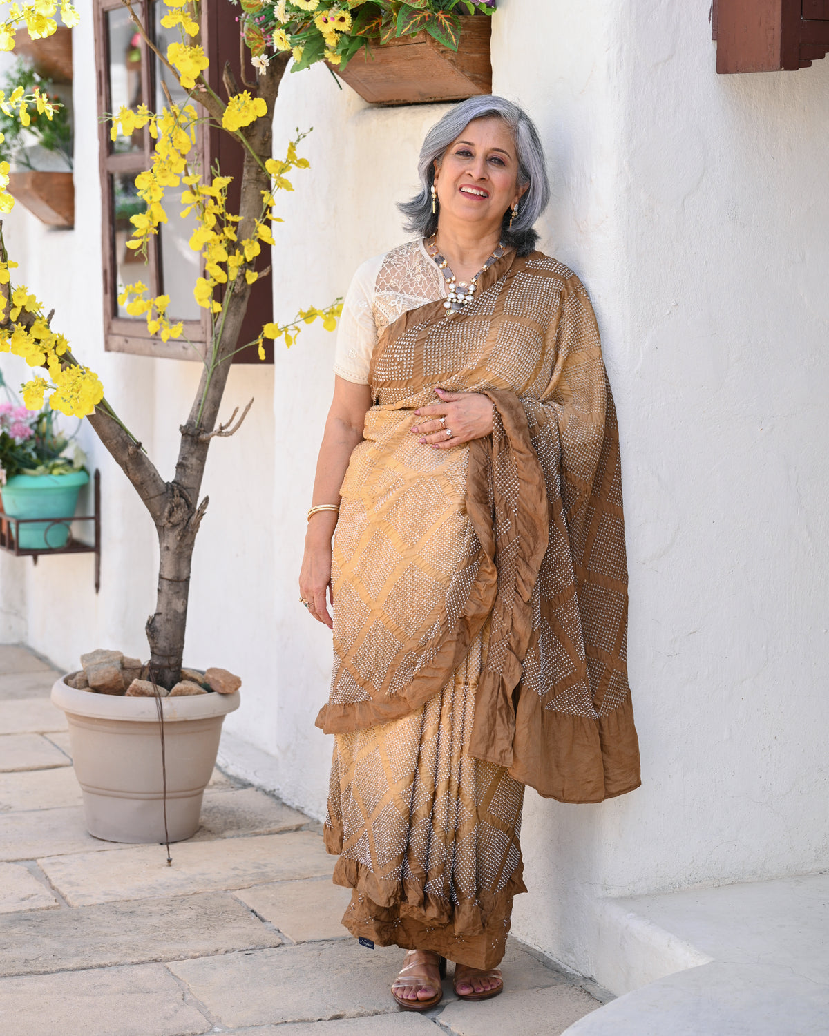 DIAMOND BANDHANI SILK SAREE BROWN