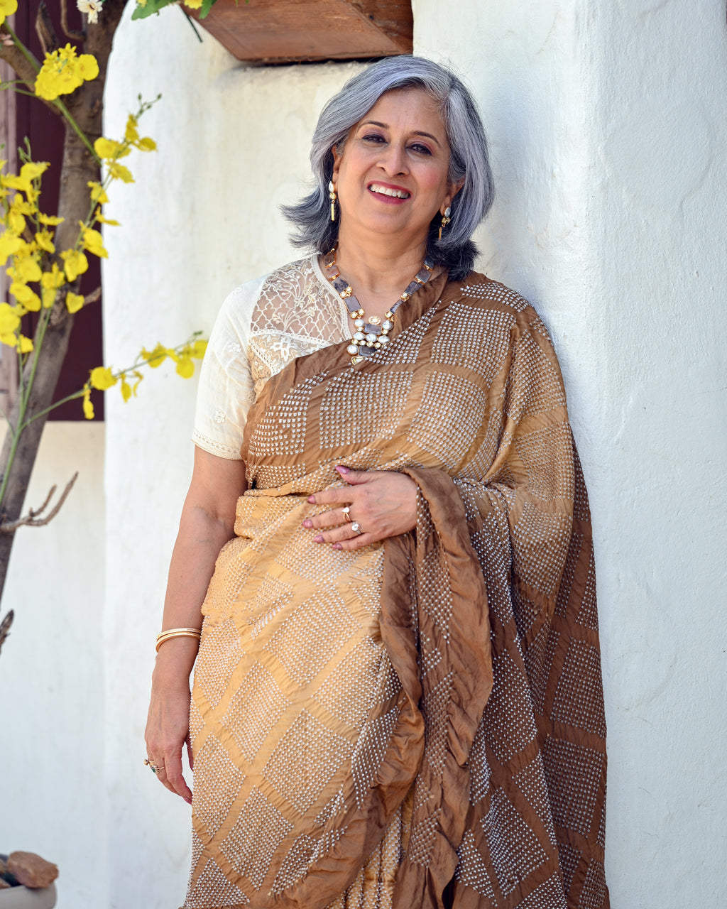 BROWN DIAMOND BANDHANI SILK SAREE