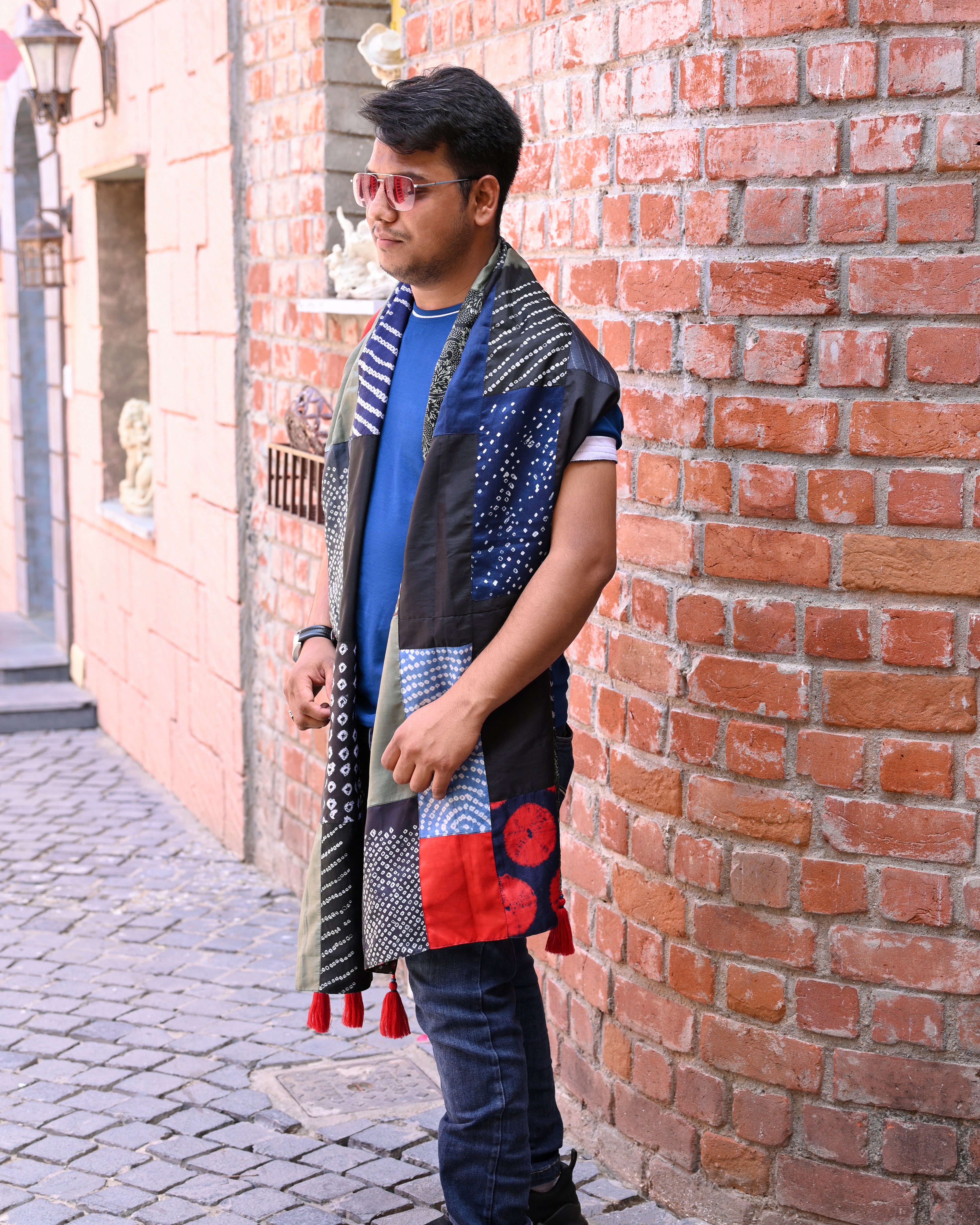 BLUE-BLACK BAARADOZI PATCHWORK REVERSIBLE SILK STOLE