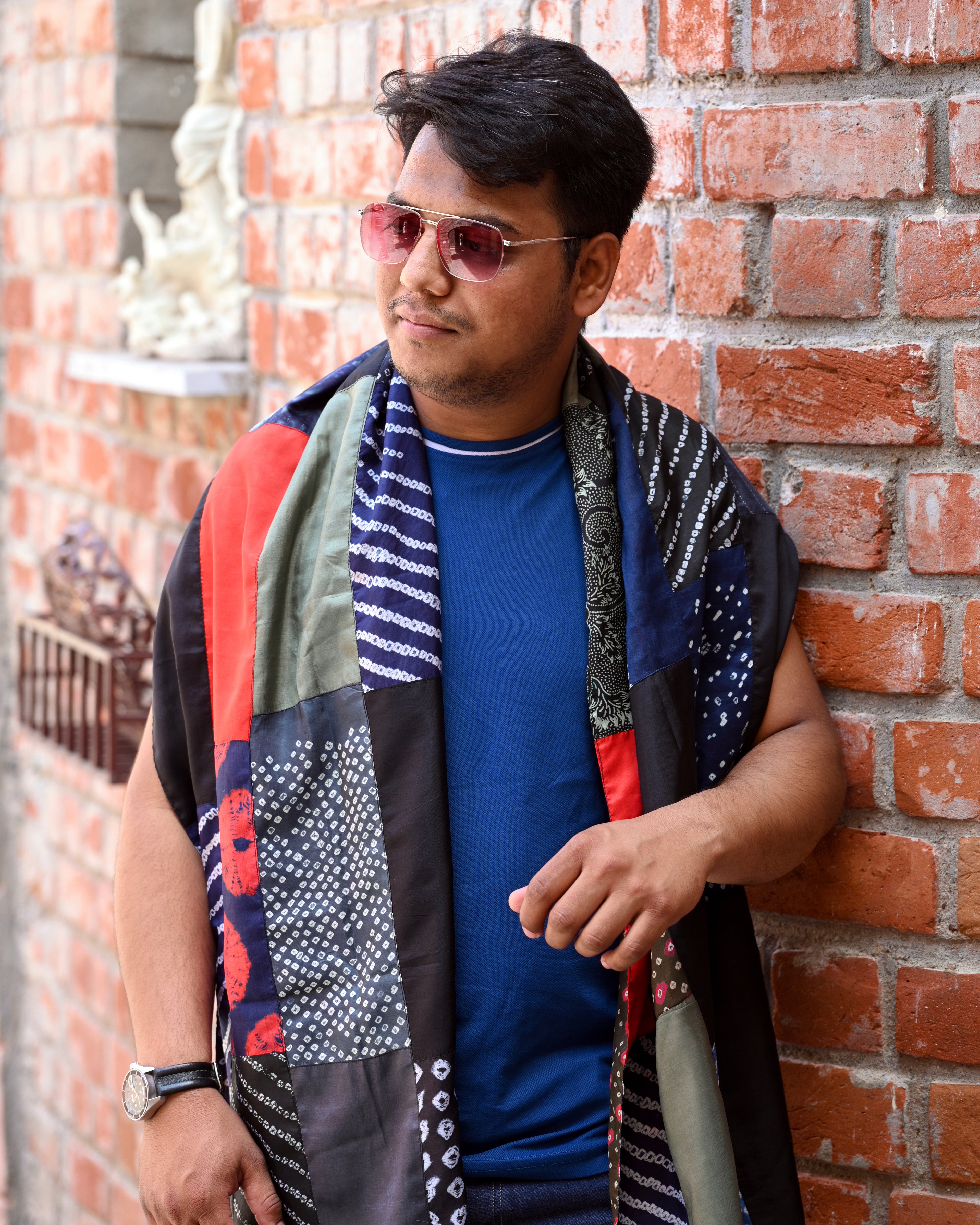 BLUE-BLACK BAARADOZI PATCHWORK REVERSIBLE SILK STOLE