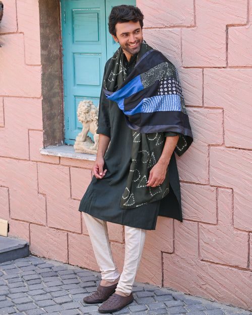 BLUE-BLACK BAARADOZI PATCHWORK REVERSIBLE SILK STOLE