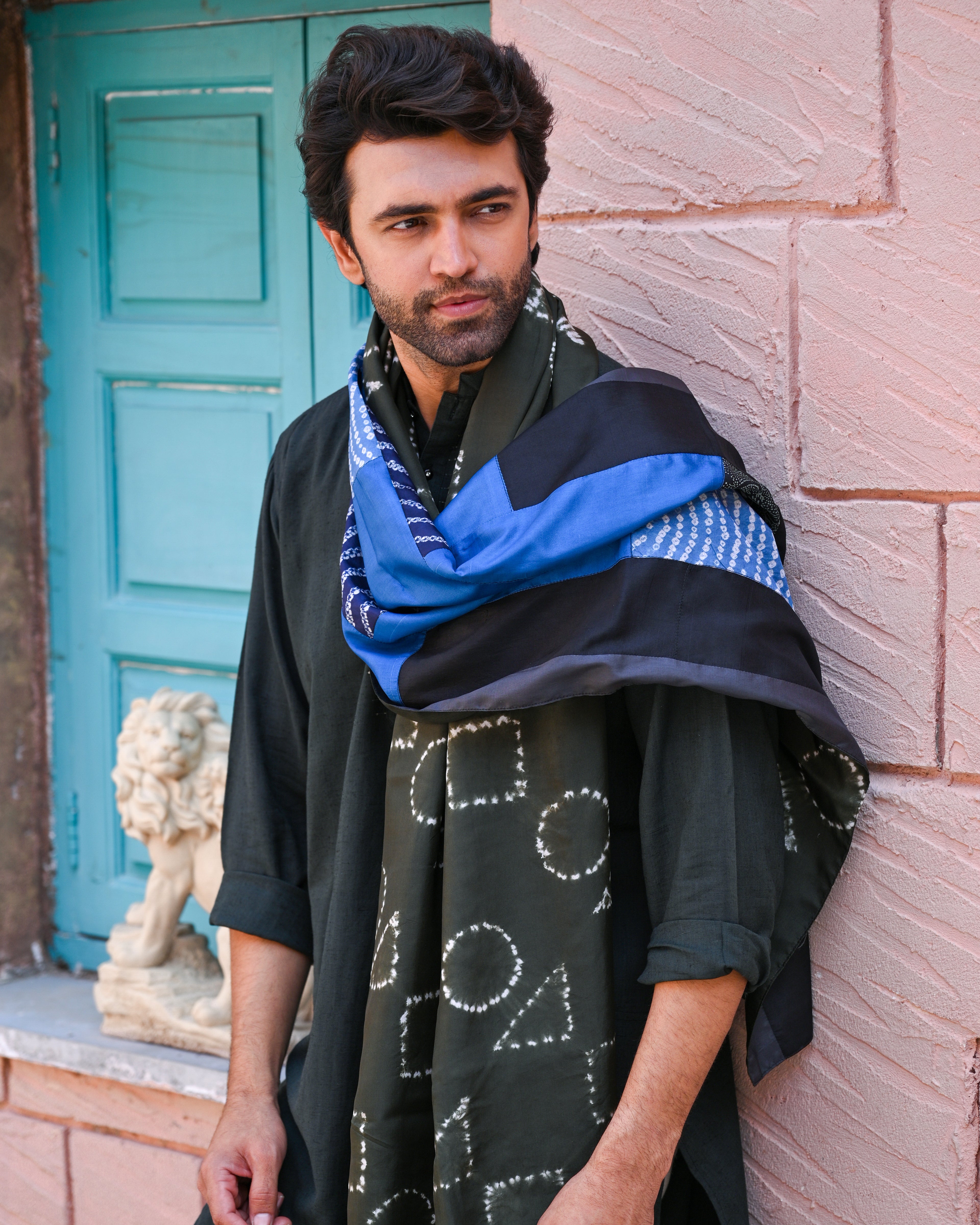 BLUE-BLACK BAARADOZI PATCHWORK REVERSIBLE SILK STOLE