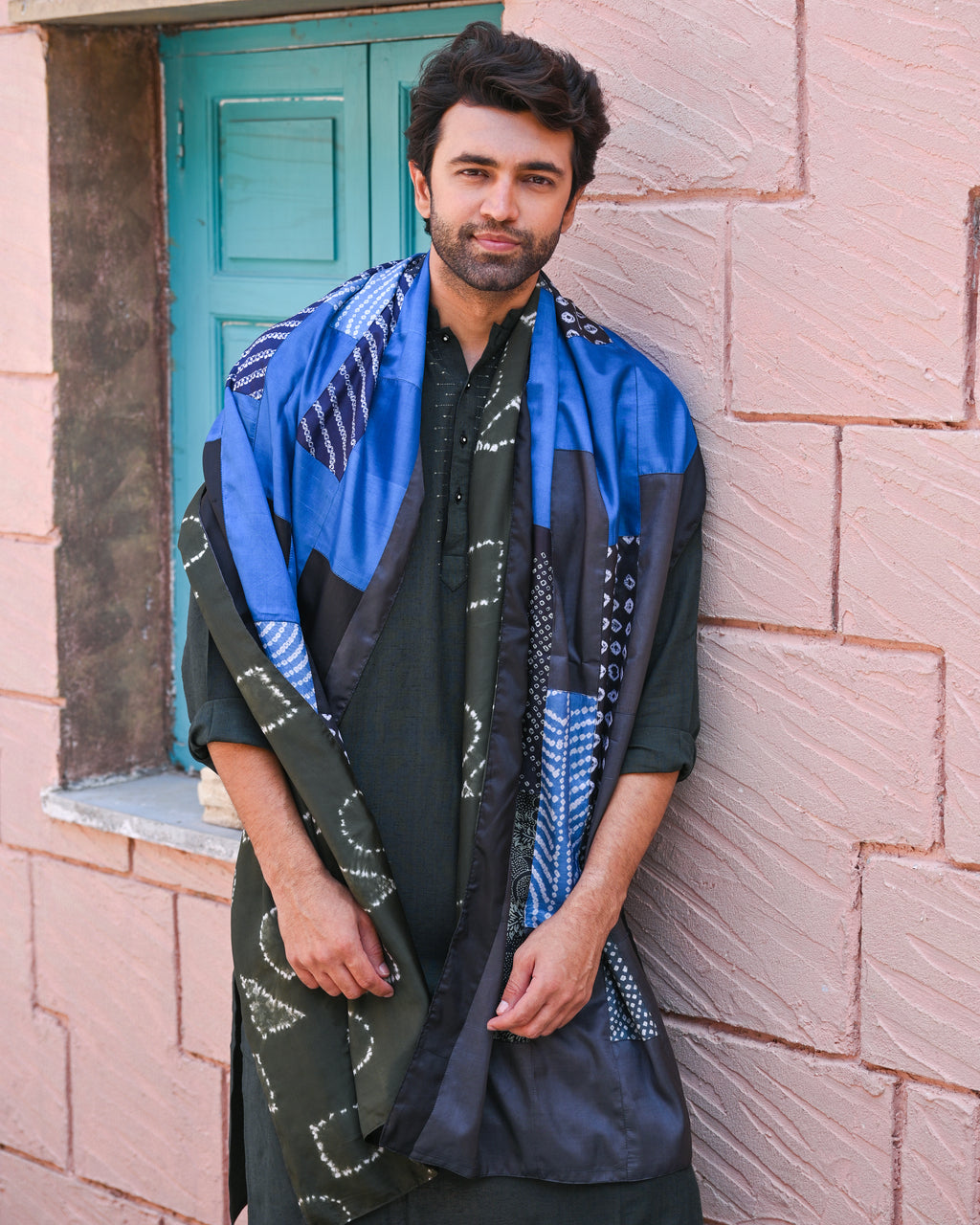 BLUE-BLACK BAARADOZI PATCHWORK REVERSIBLE SILK STOLE