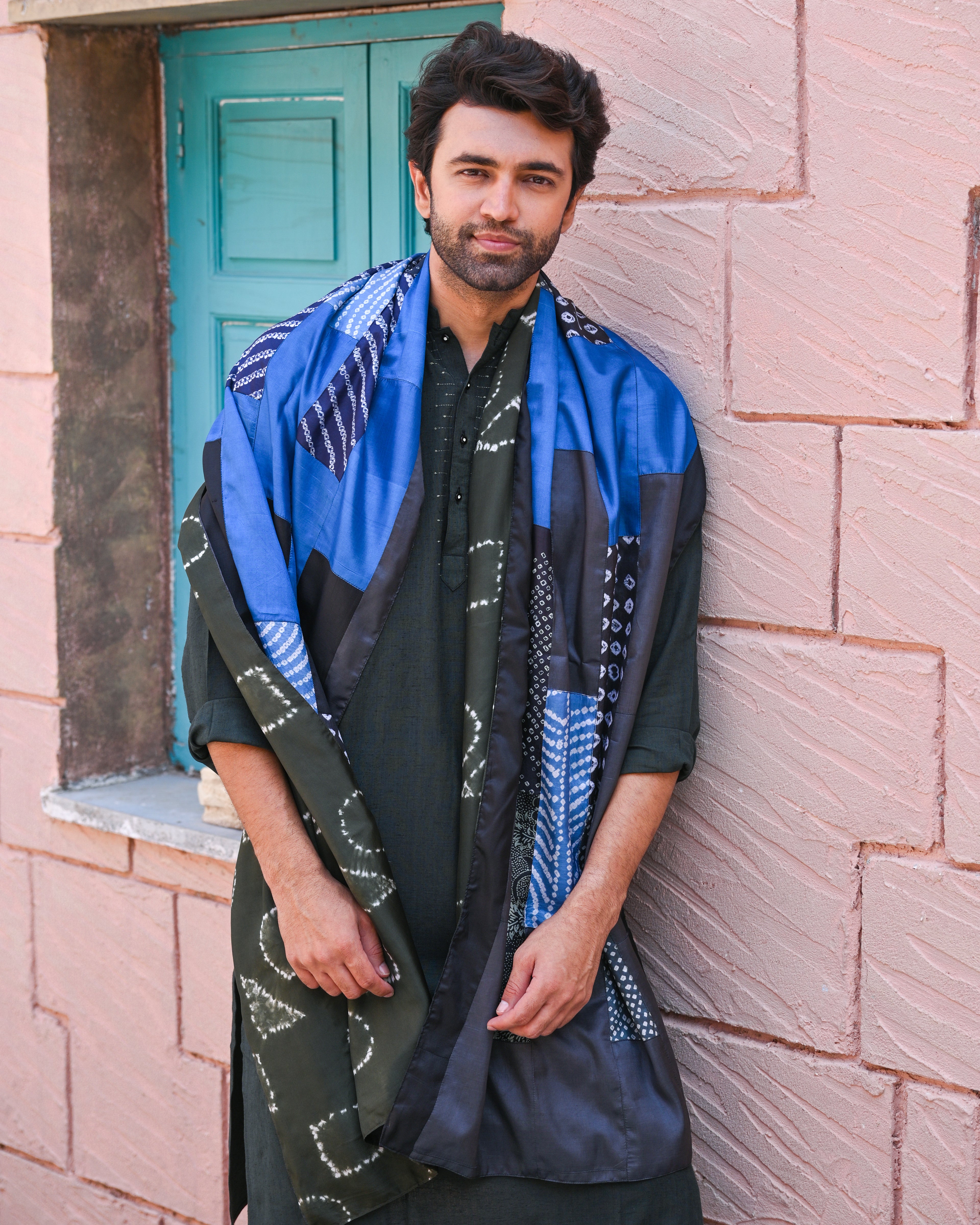 BLUE-BLACK BAARADOZI PATCHWORK REVERSIBLE SILK STOLE