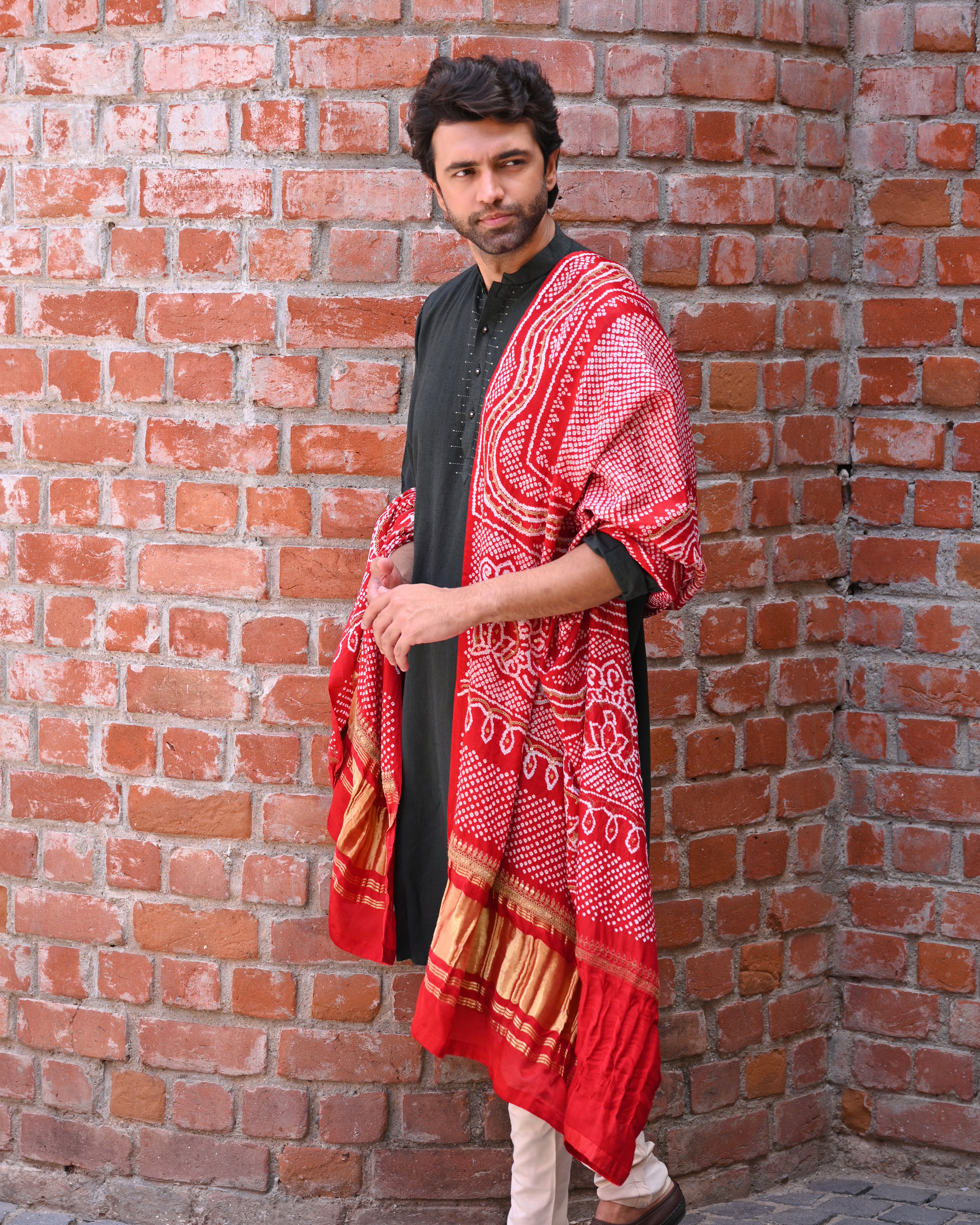 RED CHANDRAKHUNI BANDHANI SILK DUPATTA WITH MARODI WORK