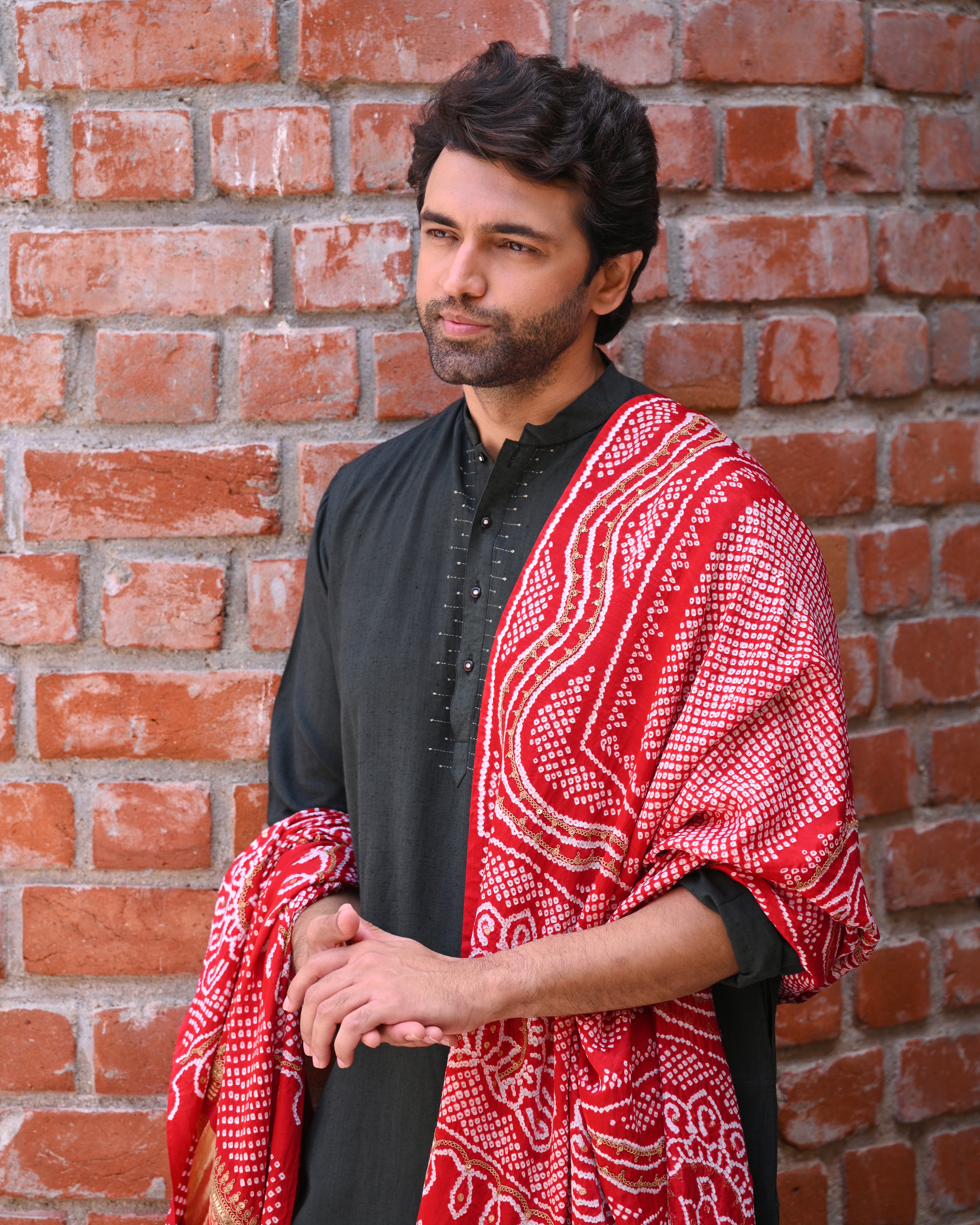 RED CHANDRAKHUNI BANDHANI SILK DUPATTA WITH MARODI WORK