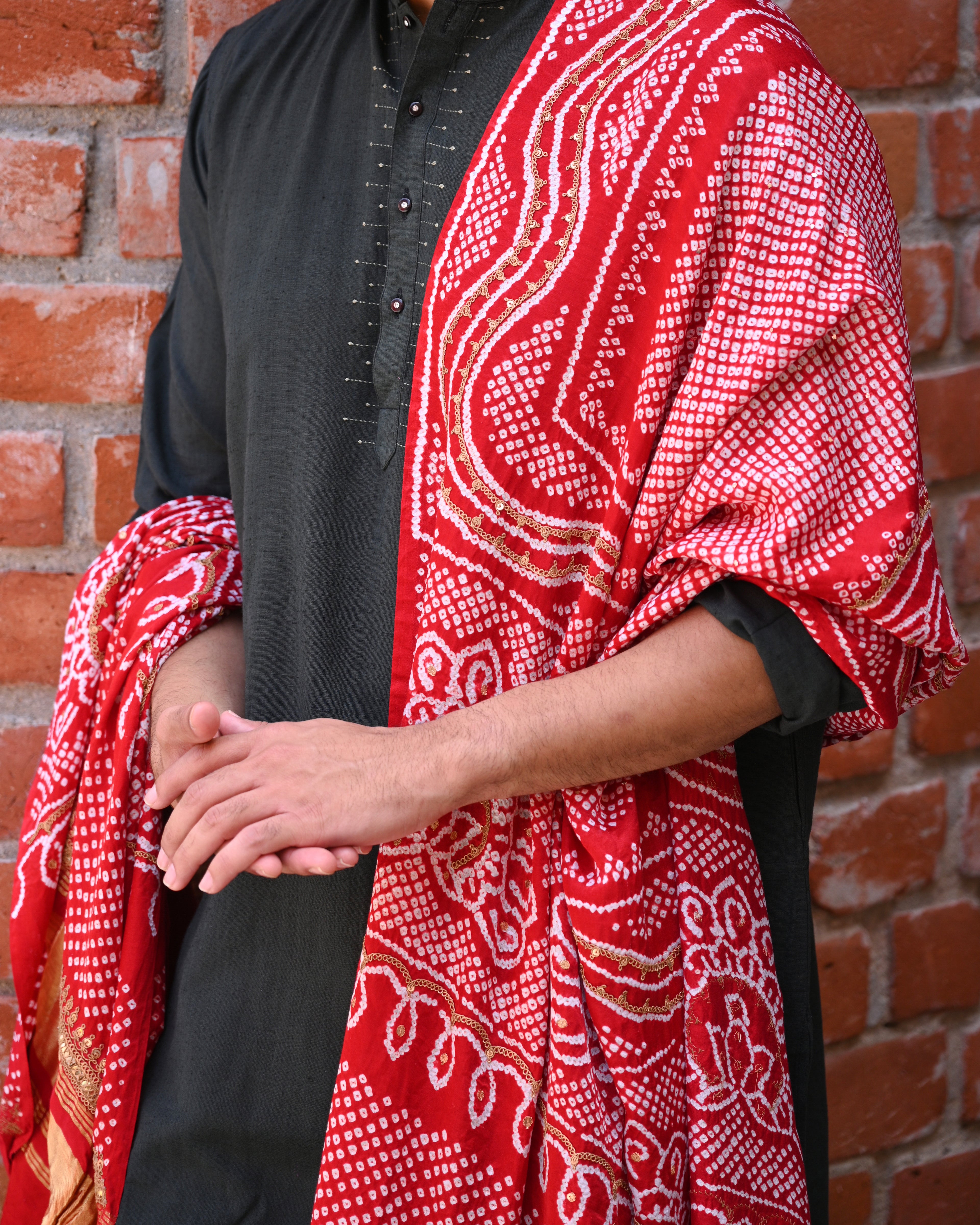 RED CHANDRAKHUNI BANDHANI SILK DUPATTA WITH MARODI WORK