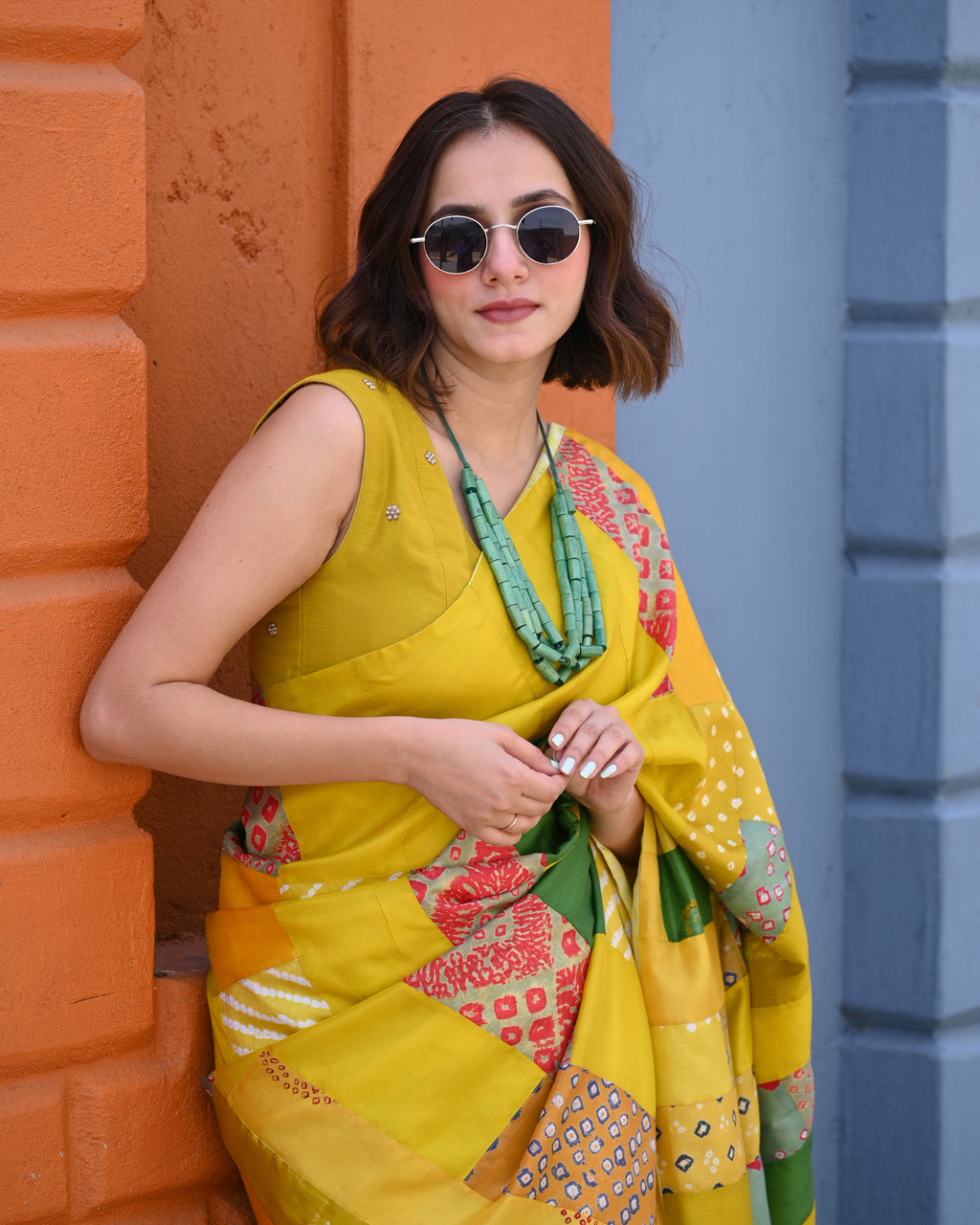 YELLOW-GREEN BAARADOZI PATCHWORK REVERSIBLE SILK SAREE