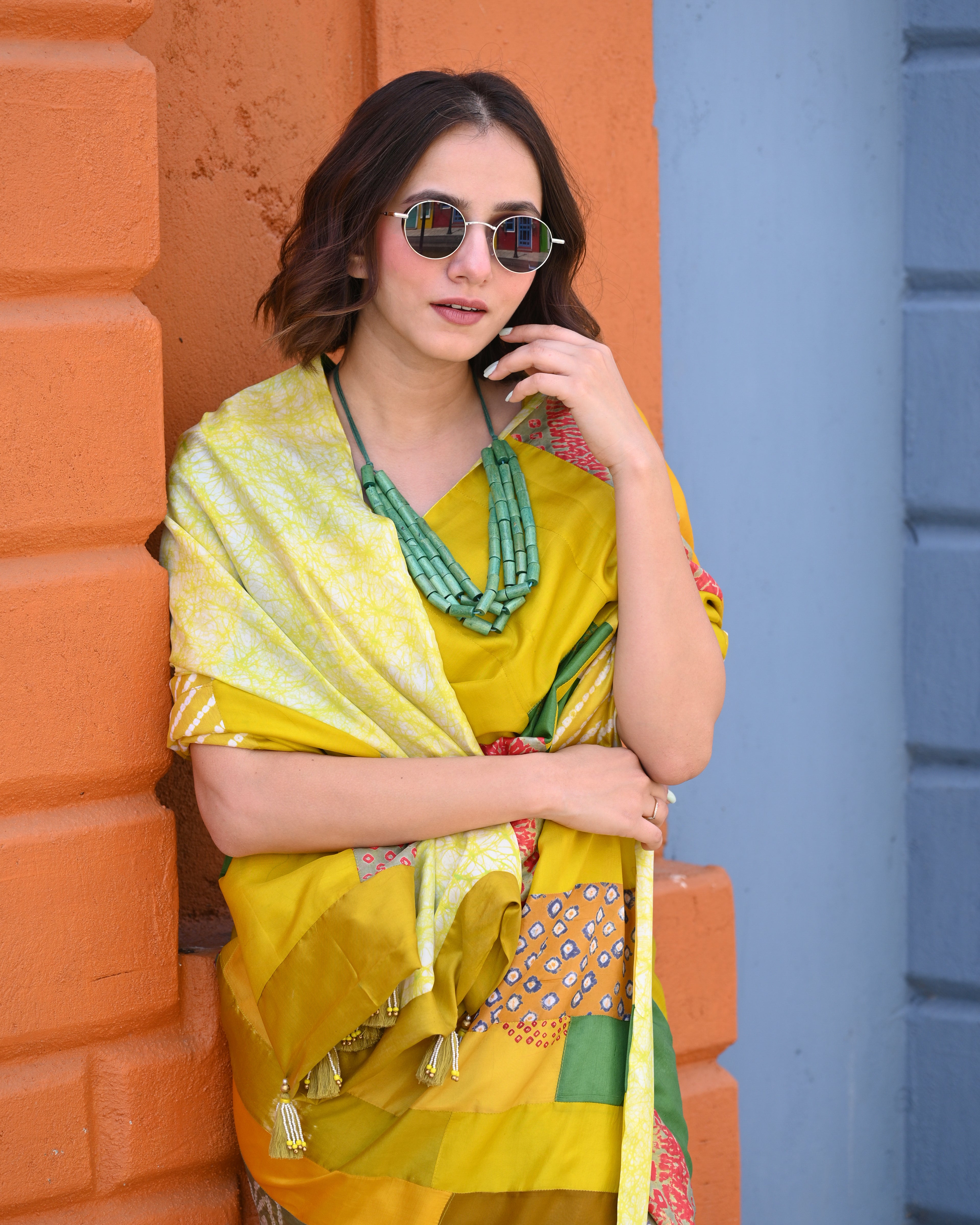 YELLOW-GREEN BAARADOZI PATCHWORK REVERSIBLE SILK SAREE
