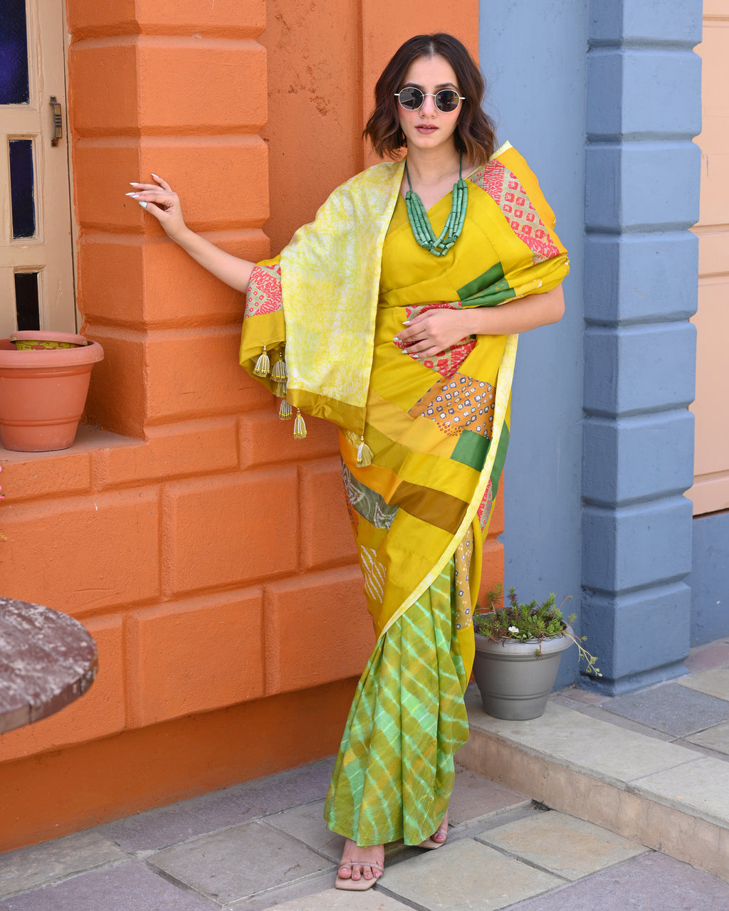YELLOW-GREEN BAARADOZI PATCHWORK REVERSIBLE SILK SAREE