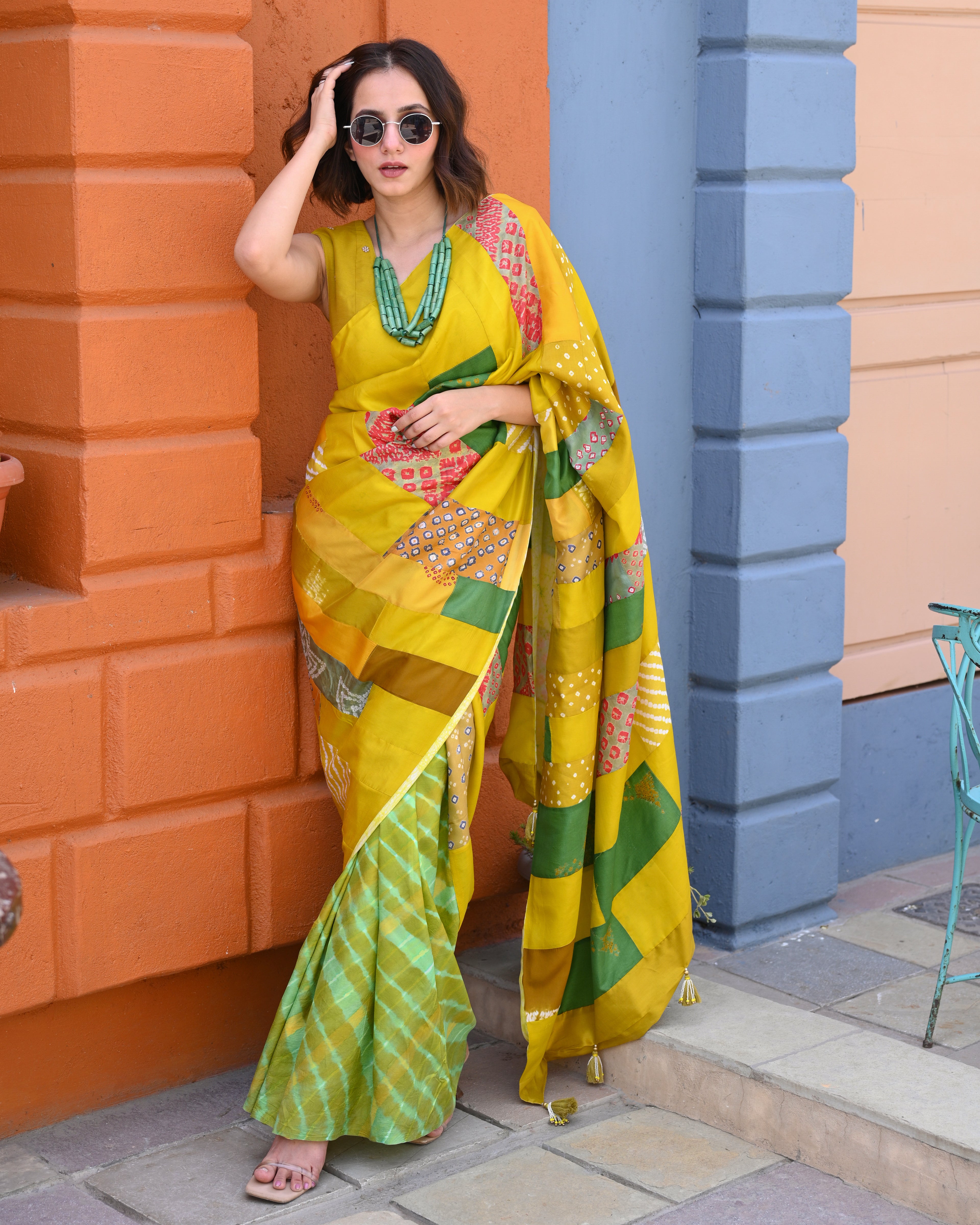 YELLOW-GREEN BAARADOZI PATCHWORK REVERSIBLE SILK SAREE